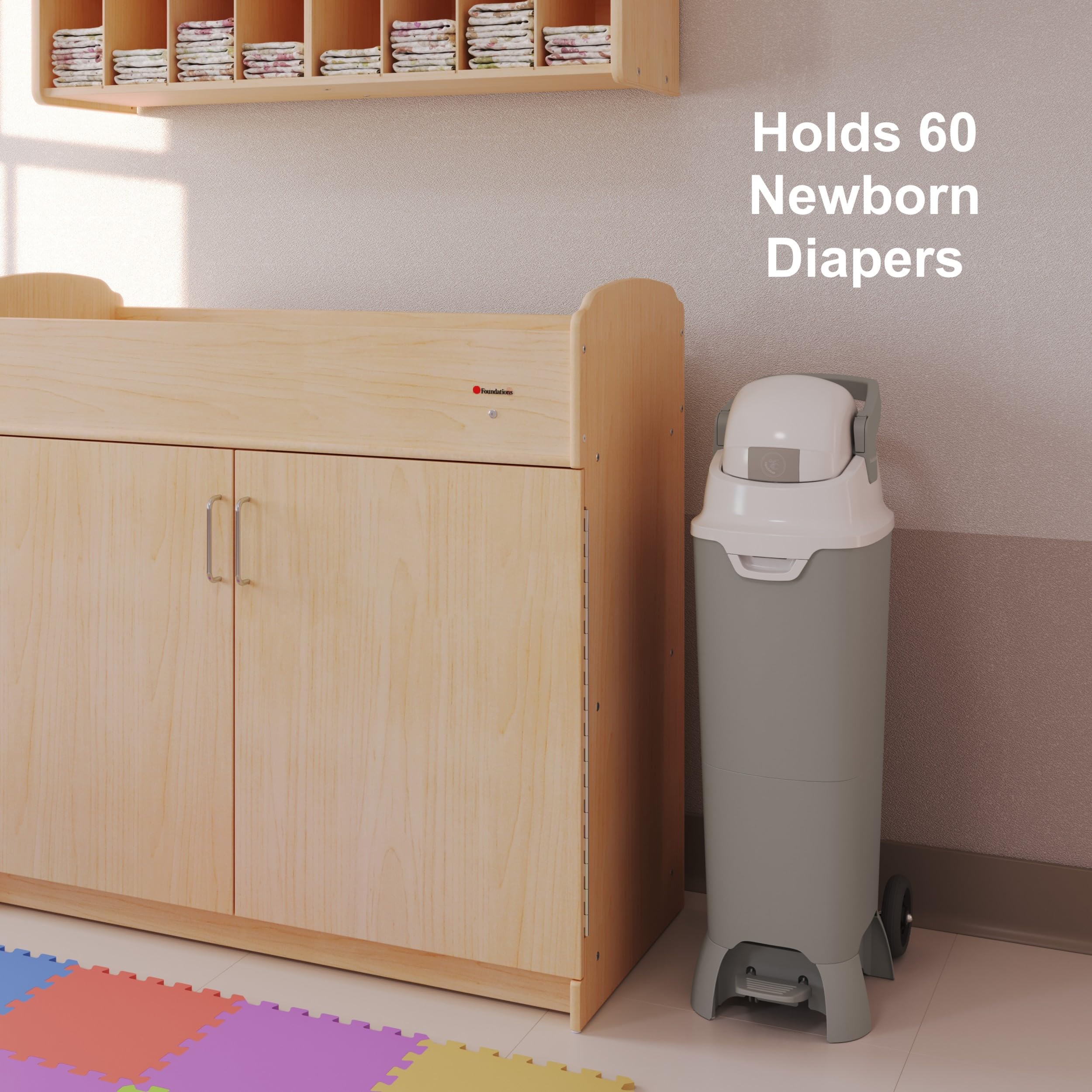 Foundations Pro Hands Free Tall Diaper Pail with Airtight Lid - Odorless Diaper Disposal System, Large Capacity Holds 60+ Newborn Diapers, Durable & Leakproof Design, Works with Any Trash Bags - Gray - Perfect for Nursery, Baby Room & Daycare Use