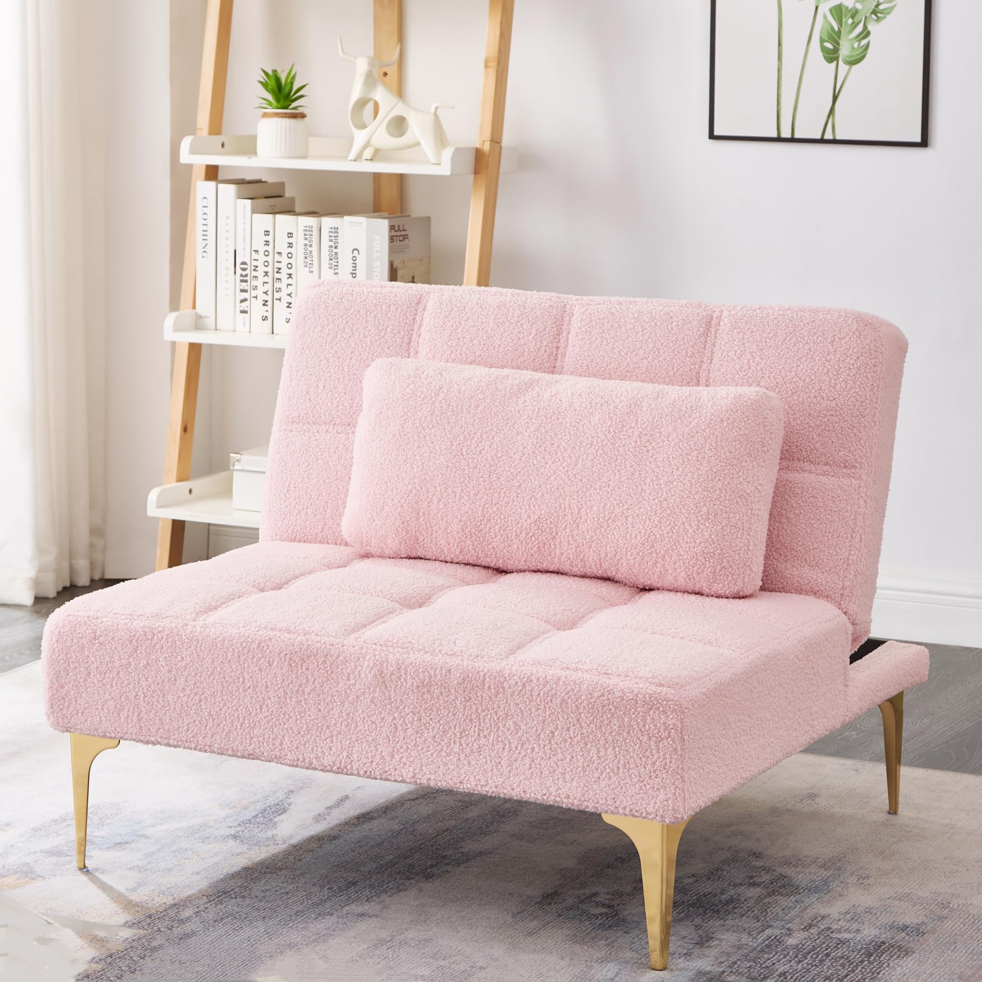 Polibi Modern Convertible Folding Sofa Bed with Adjustable Backrest - Pink Teddy Fabric Sofa Chair with Golden Legs & Toss Pillow - Perfect for Small Spaces, Guest Rooms, and Studio Apartments