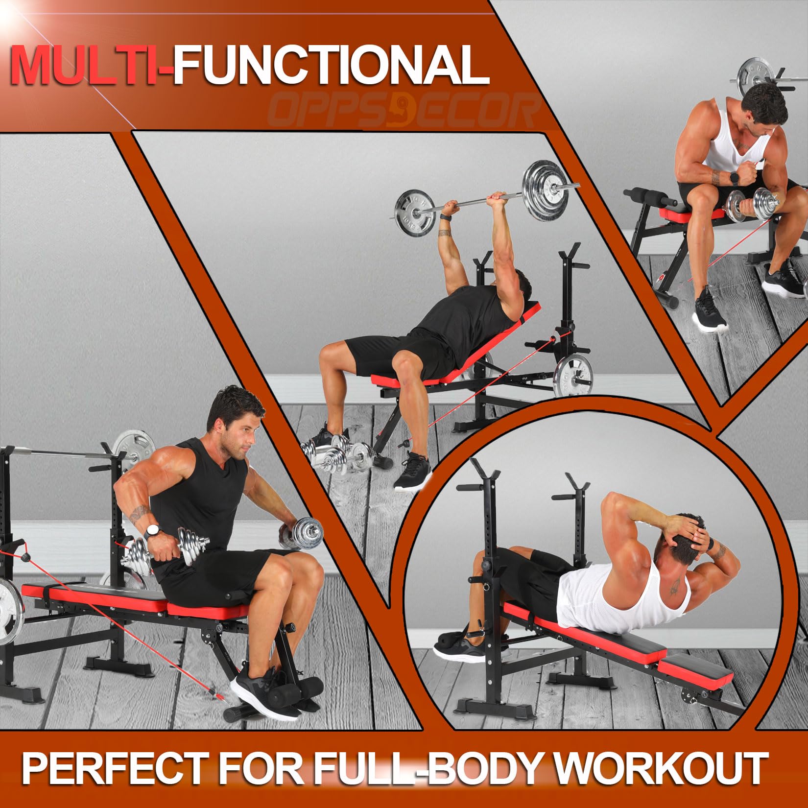OPPSDECOR 8-in-1 Adjustable Weight Bench Set - 660lbs Capacity Olympic Workout Bench with Squat Rack, Leg Developer & Preacher Curl - Foldable Home Gym Equipment for Strength Training & Full Body Workouts