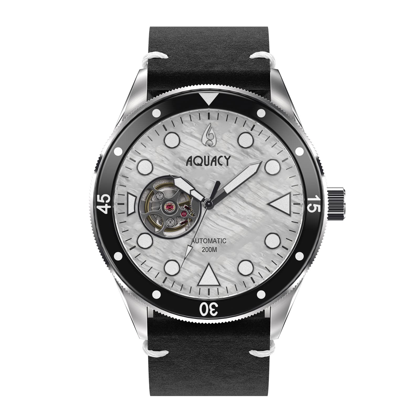 Aquacy HEI Matau Automatic Diver Watch for Men - Japanese Self-Winding Movement, 200m Water Resistant, White Mother of Pearl Dial with Open Heart Design - Perfect for Scuba Diving, Cave Exploration & Luxury Everyday Wear
