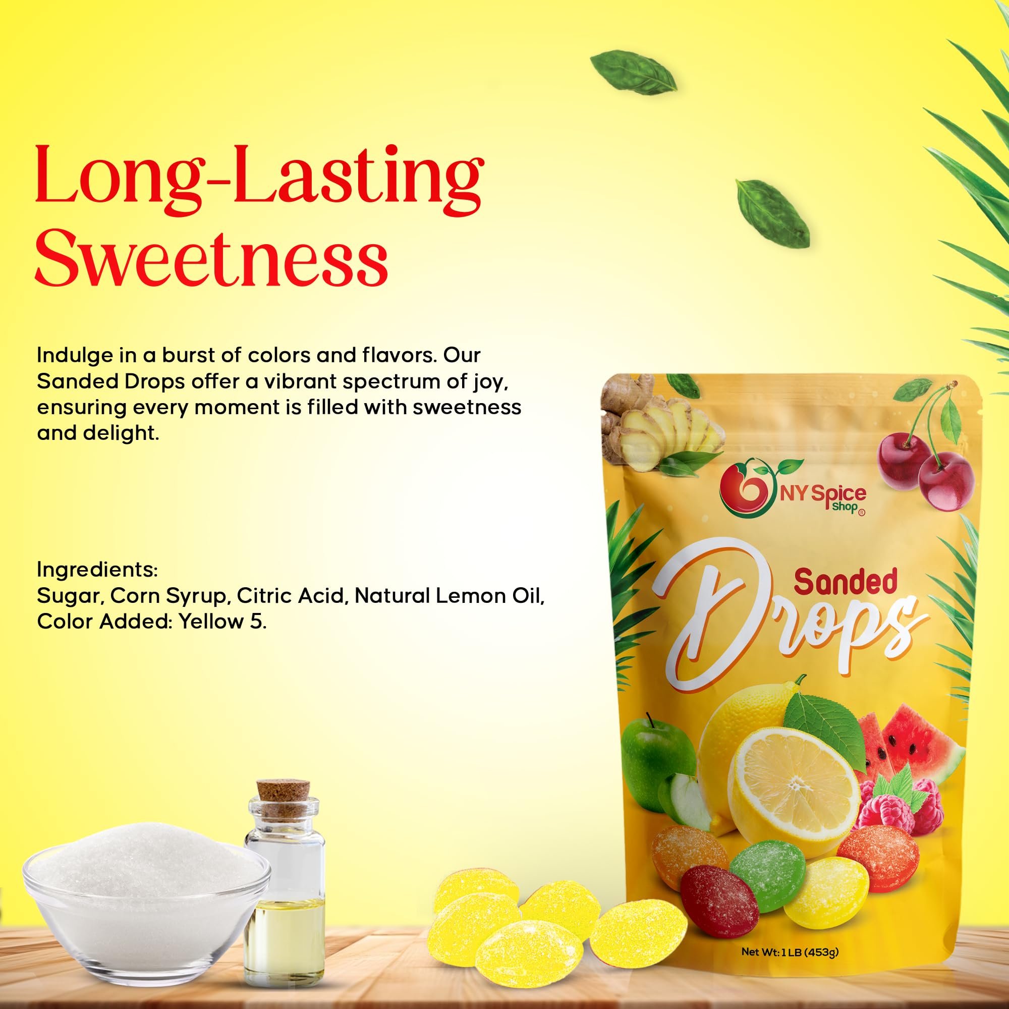 NY Spice Shop Sanded Lemon Drops - 1 Pound Bulk Old Fashioned Hard Candy | Tangy & Sweet Lemon Flavored Treats | Perfect for Party Favors, Office Snacks & Gift Baskets