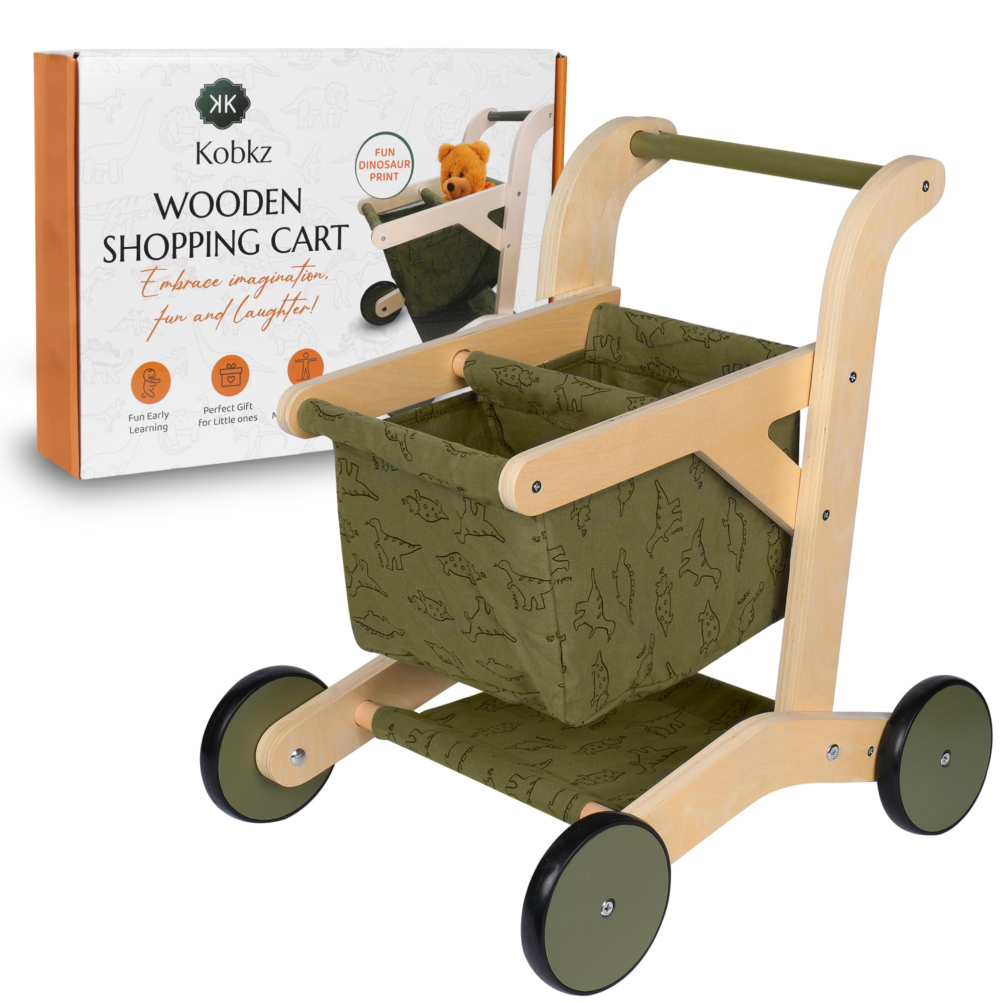 Kobkz Wooden Baby Walker & Push Toy for Toddlers - Natural Wood Learning Walker with Wheels, First Steps Assistant (Green) | Perfect for Early Walking Practice, Indoor Play & Montessori Learning