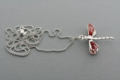 Dragonfly Wire Pendant Necklace - Red Charm on 45cm Ball Chain for Women, Gift for Her, Birthday, Anniversary, Valentine's Day