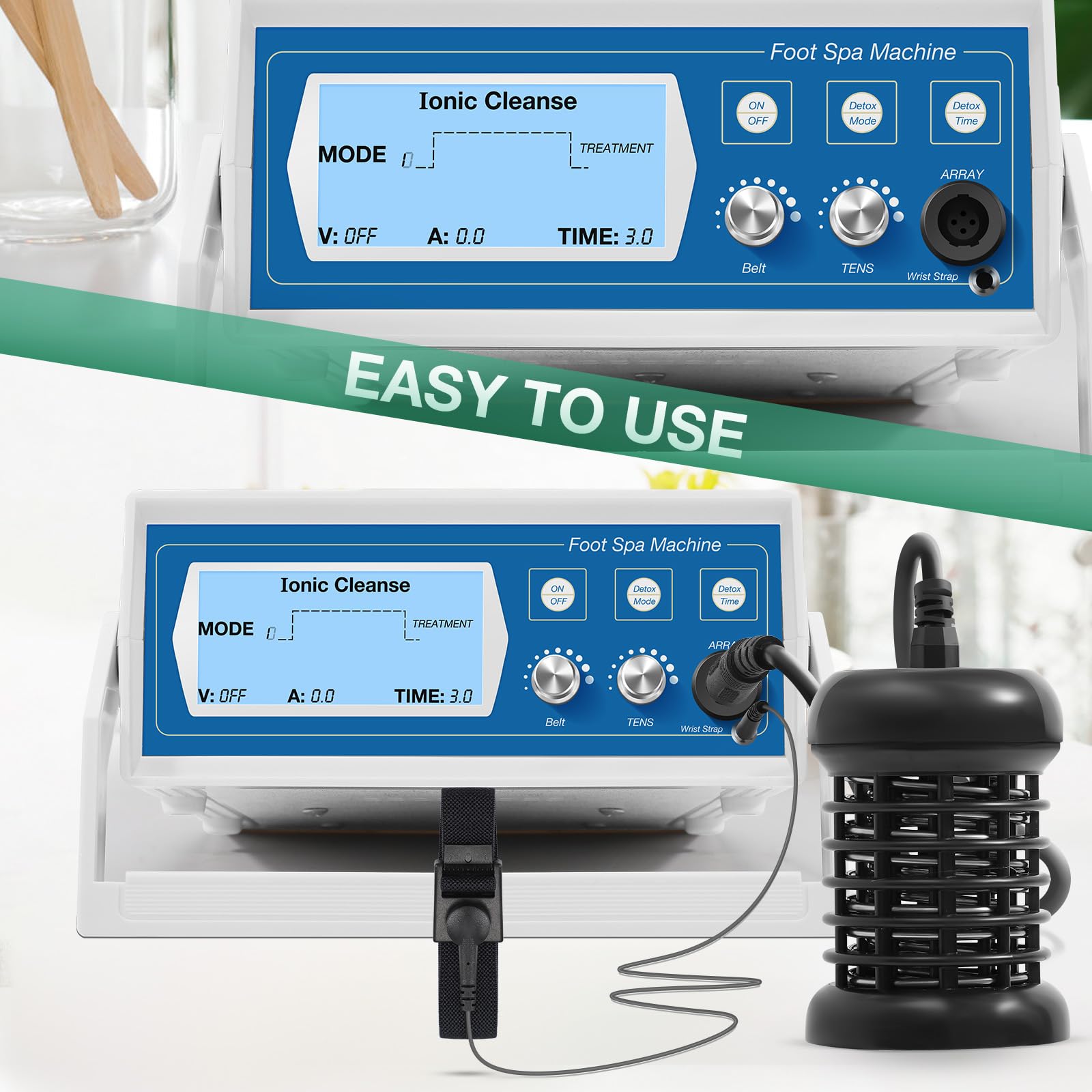 Ionic Foot Detox Machine - 3 in 1 Foot Spa System with Wrist Strap, Far Infrared Waist Belt, Array & 2 Pads for Home Detox Therapy | Blue | Relaxation & Pain Relief
