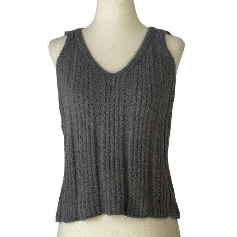 Luxury Solid Gray Ribbed V-Neck Top for Women - Elegant Casual & Office Wear
