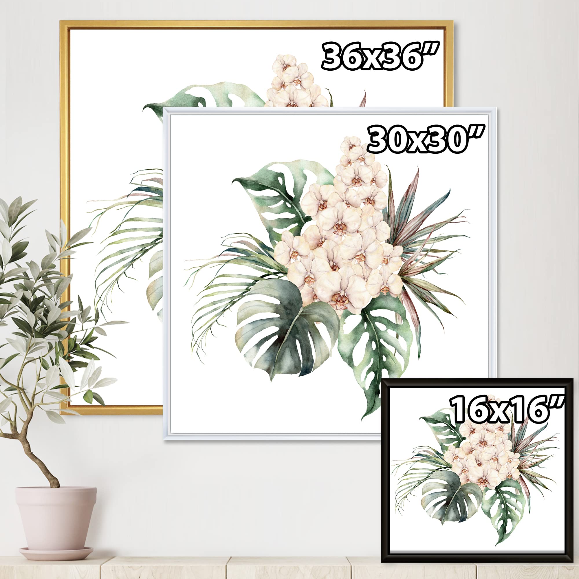 DesignQ Orchid Monstera Coconut Leaves Framed Canvas Wall Art Print - Elegant Home Decor for Living Room, Bedroom & Office