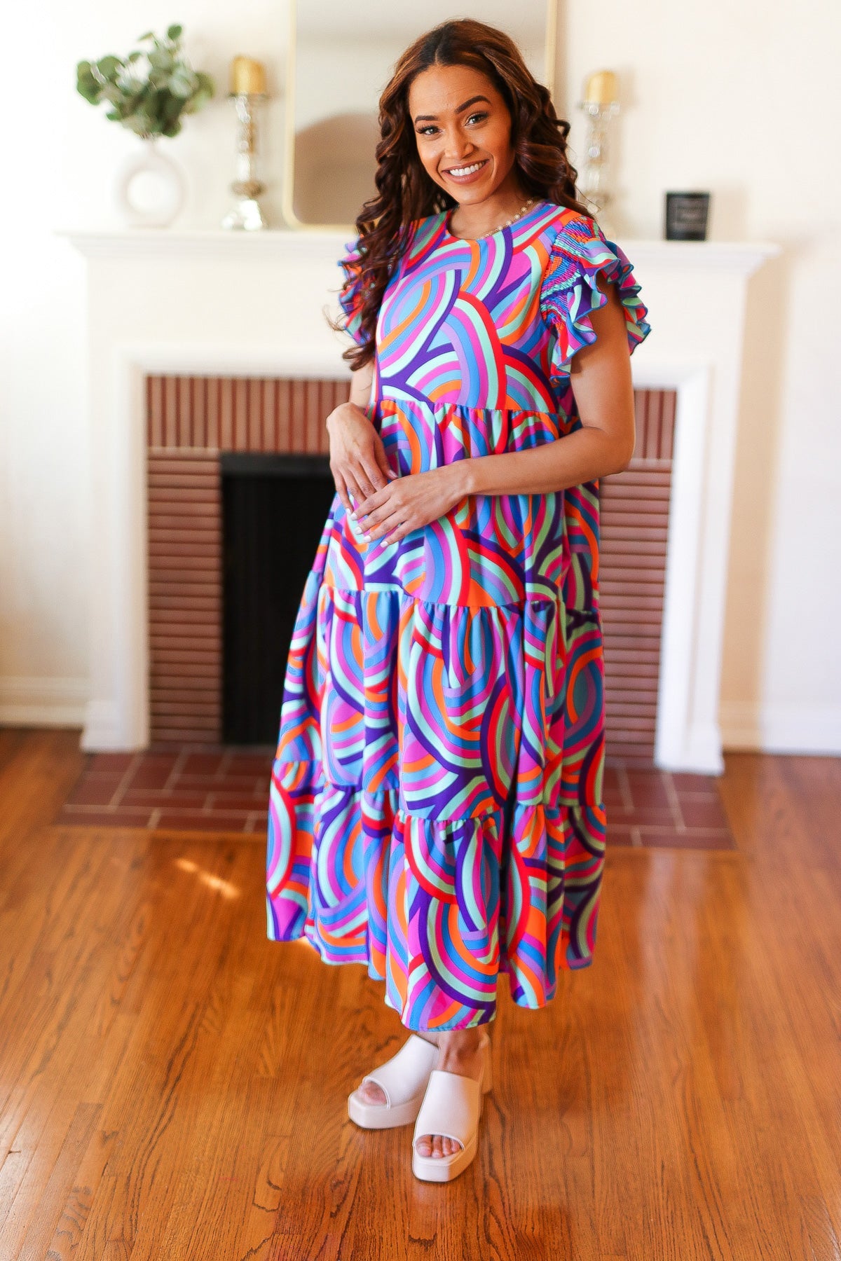 Stylish Purple Abstract Print Smocked Ruffle Sleeve Maxi Dress for Women | Flowy Bohemian Summer Beach Dress | Perfect for Vacations, Weddings & Date Nights