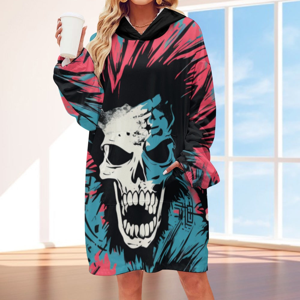 Punk Skull Print Hooded Blanket Sweater - Cozy Oversized Wearable Blanket for Lounge, Gaming & Outdoor Camping