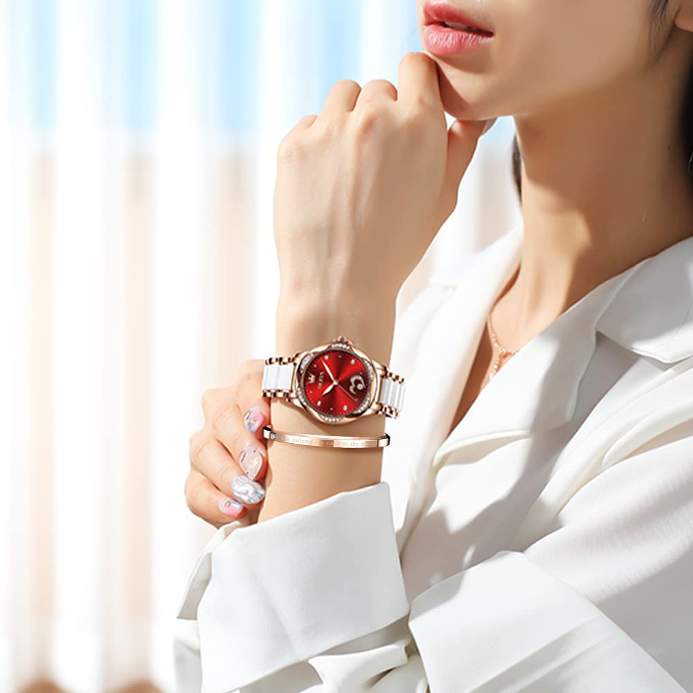 OLEVS Women's Automatic Mechanical Watch with Diamond Heart Dial, Rose Gold Ceramic Band, Waterproof & Luminous Date - Perfect for Date Nights, Office Wear & Special Occasions