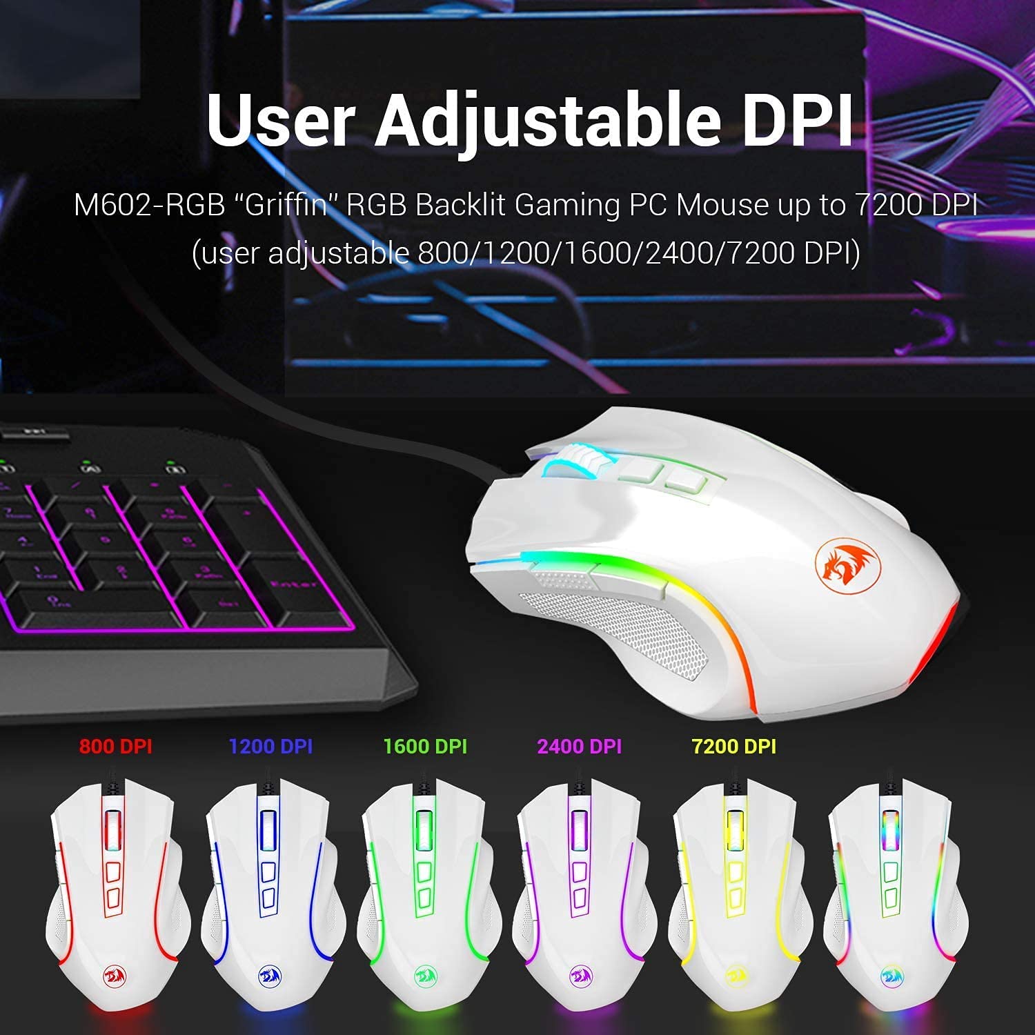 Redragon M602 RGB Wired Gaming Mouse - 7200 DPI High Precision, 8 Programmable RGB Backlight Modes, Ergonomic Design for PC Gamers (White) | Perfect for FPS, MOBA & MMO Gaming on Windows Computers