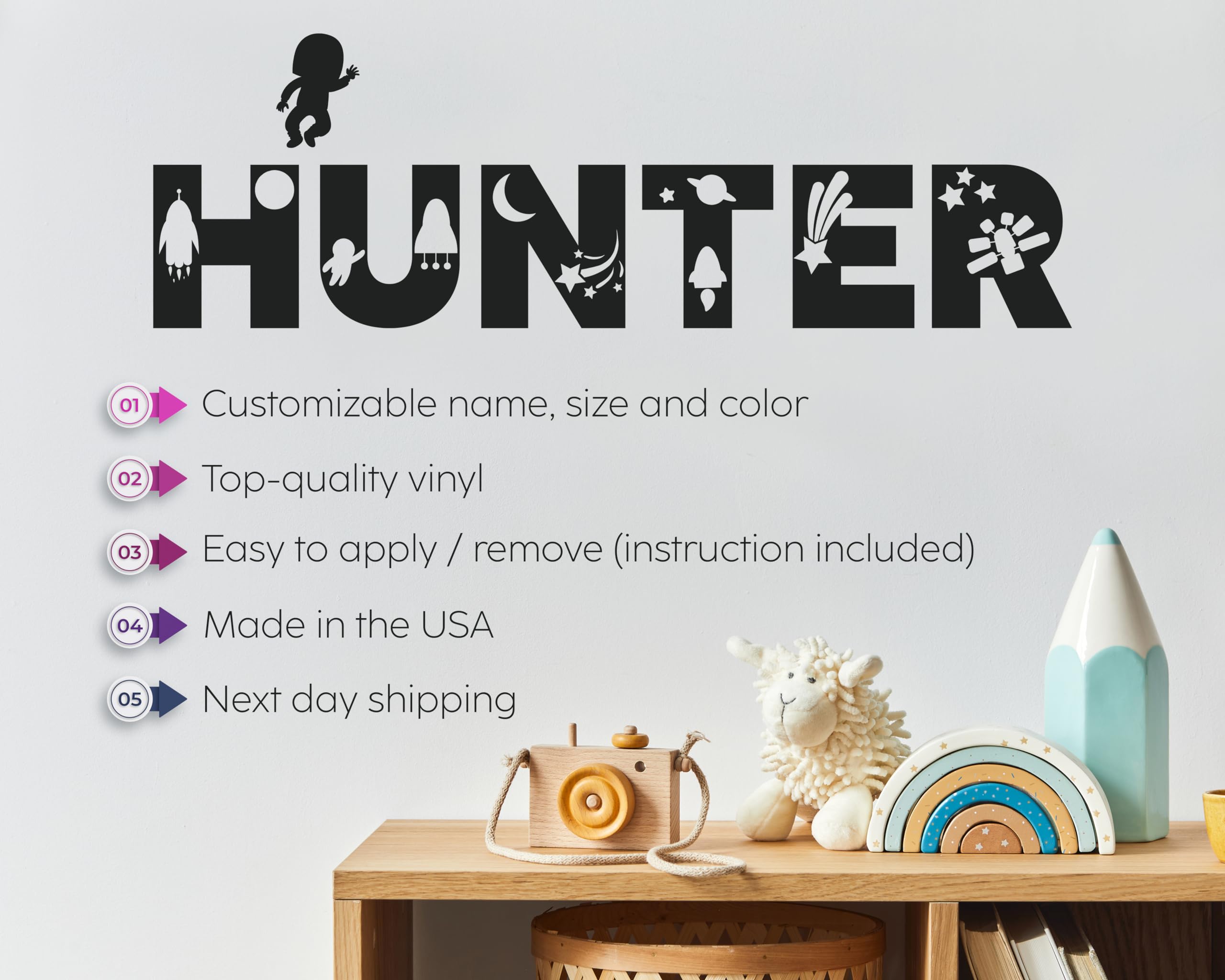 Custom Space Wall Name Decal - Baby Nursery & Kids Room Decor with Astronaut & Planets Theme - Perfect for Boys' Bedroom, Playroom, and Space-Themed Birthday Party Decorations