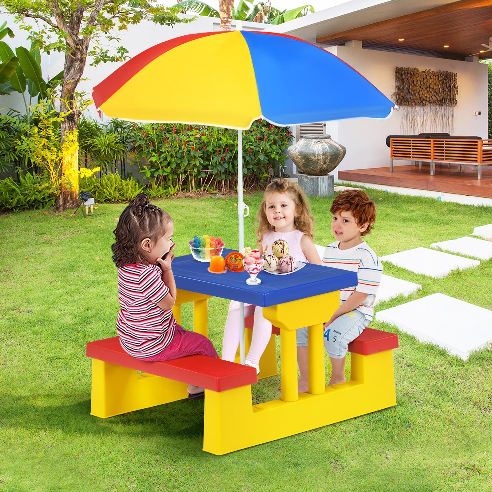 MAT EXPERT Kids Picnic Table Set - Foldable Plastic Toddler Table & Chairs with Adjustable Umbrella | Outdoor Children's Furniture for Garden, Backyard, Patio | Perfect for Playdates, Birthday Parties & Family BBQs (Multi-Color)