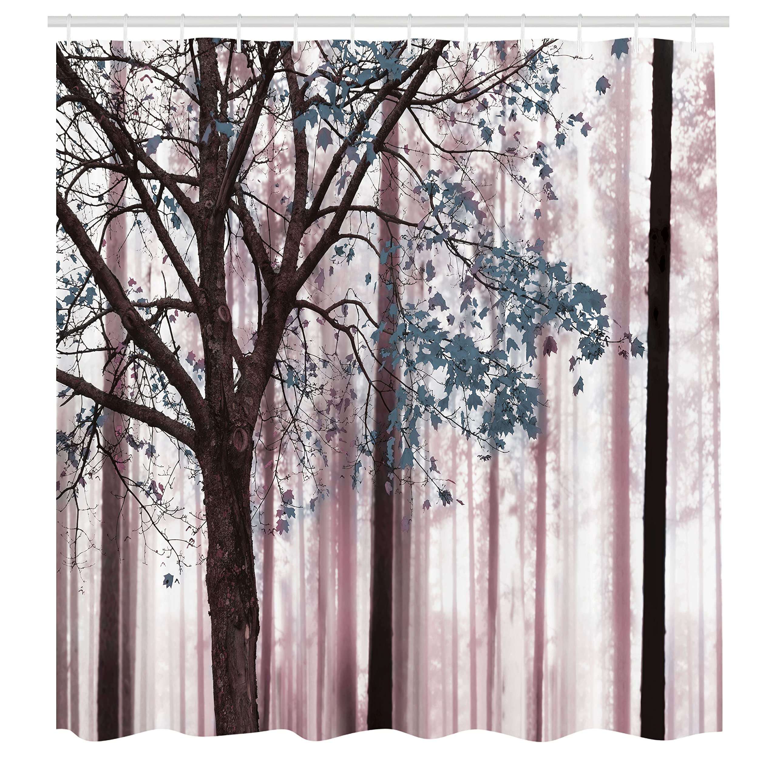 Ambesonne Autumn Shower Curtain - Waterproof Fabric Bathroom Decor with Hooks, 69x75 Inches, Grey Pink Abstract Woodland Print, Lonely Tree Leaves Design | Perfect for Fall Home Decor, Cozy Bathroom Upgrade, Gift for Nature Lovers