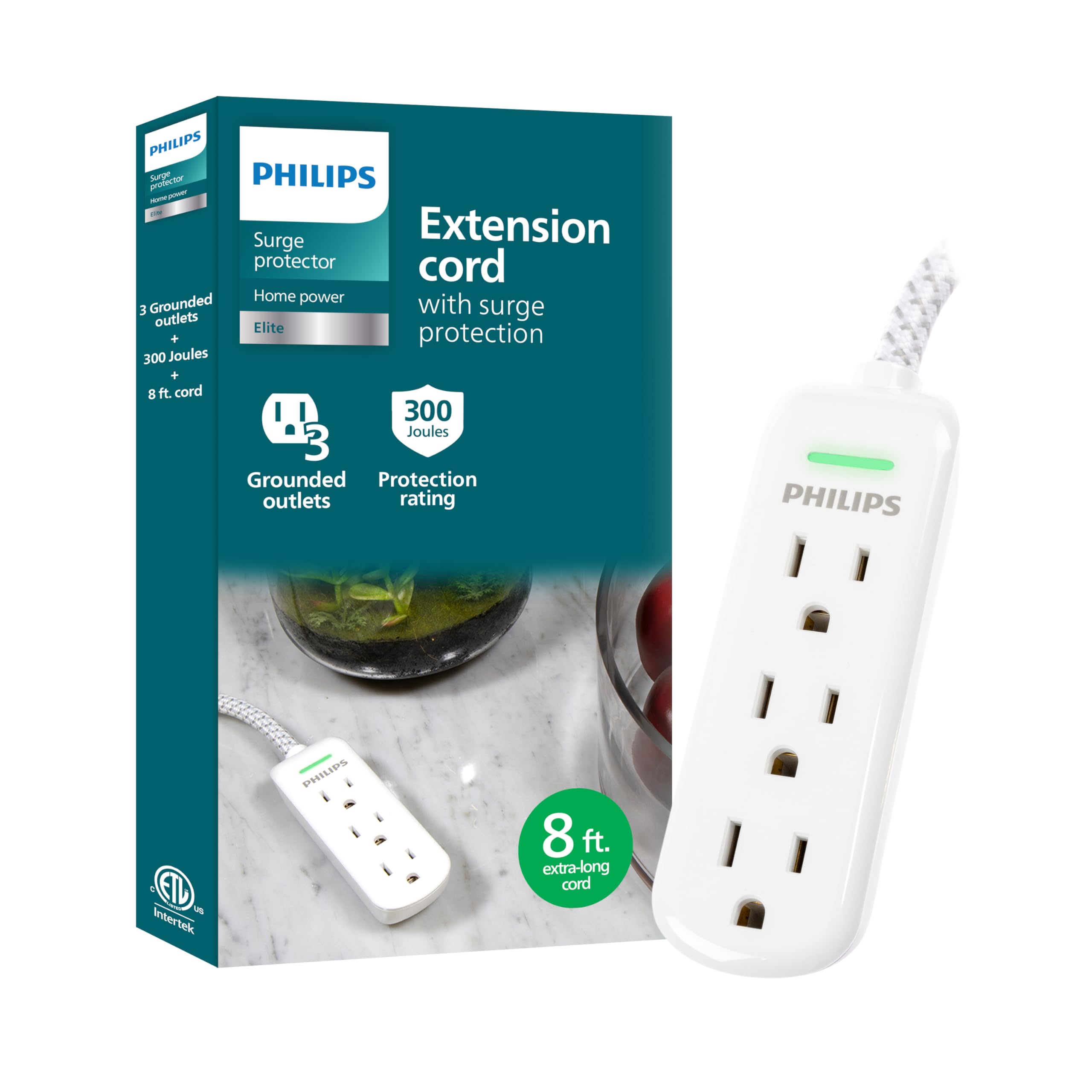Philips 3-Outlet Surge Protector Power Strip with 8 Ft Extension Cord - 300 Joules Protection, Flat Plug, UL Listed (White, SPP3433BB/37) - Ideal for Home Office, Bedroom & Entertainment Center Power Needs