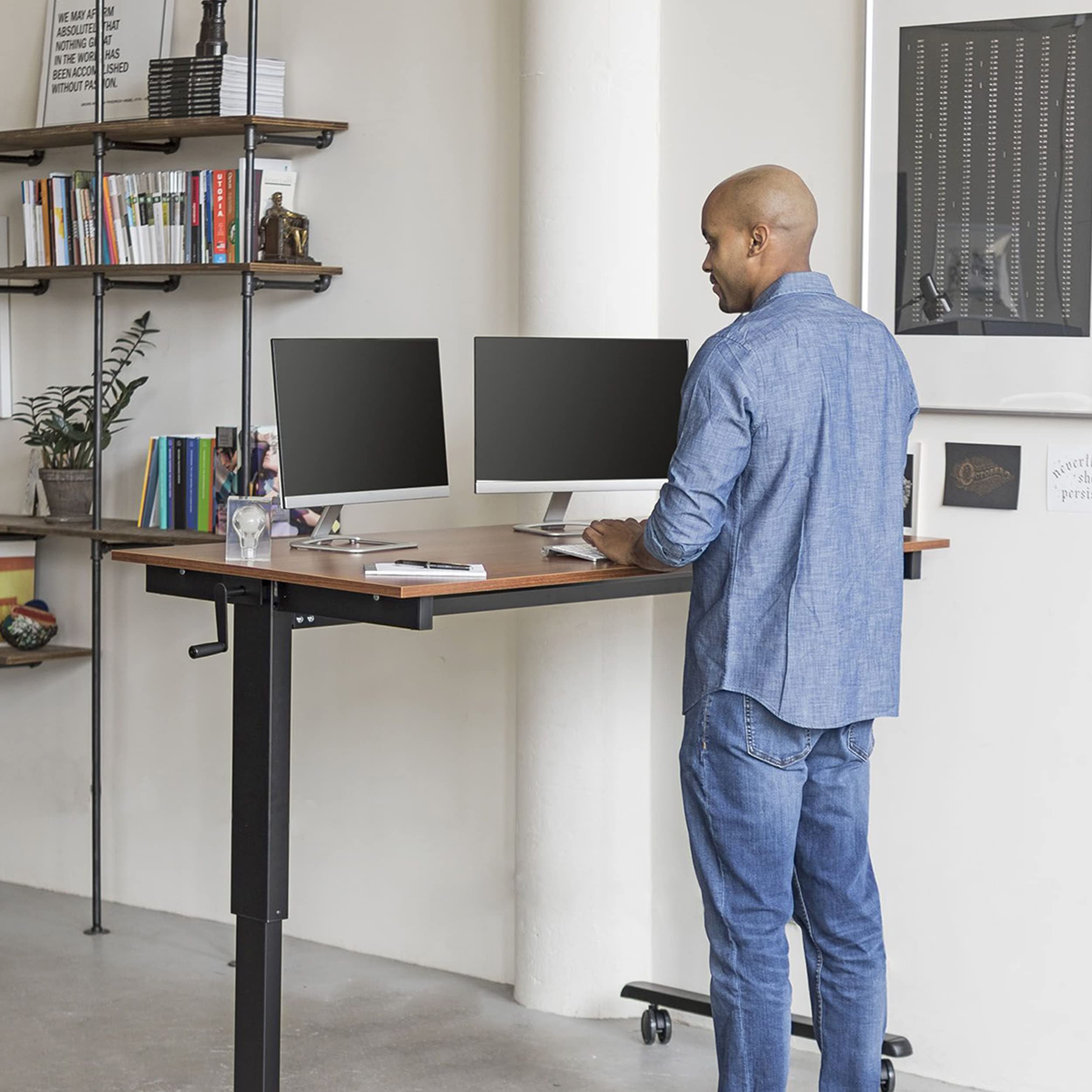 Adjustable Standing Desk with Wheels - Black Frame & Teak Top for Home Office