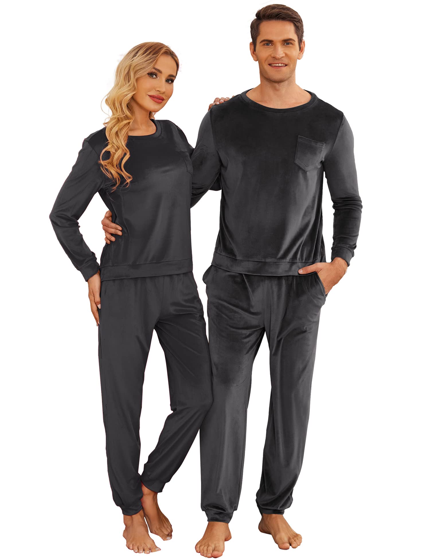 Ekouaer Couples Matching Pajama Sets - Soft Velvet Long Sleeve Sleepwear with Pockets, 2-Piece Lounge PJS for Christmas Gifts & Cozy Winter Nights