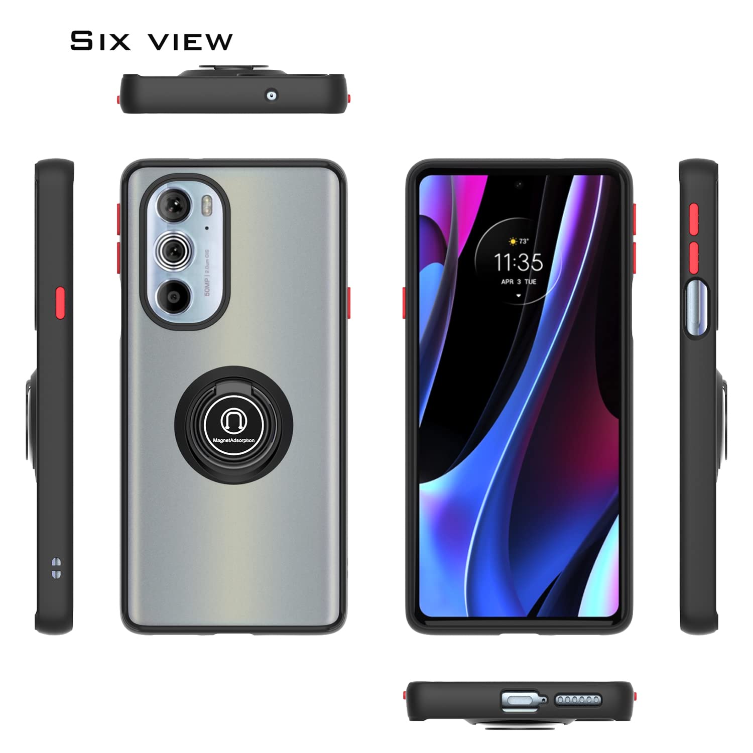 CoverON Magnetic Ring Phone Case for Motorola Edge+ Plus 2022 / Moto Edge 30 Pro / Edge X30 - Clear Hard Back with Rubber Grip, Wireless Charging Compatible, Perfect for Car Mount & Daily Use - Black