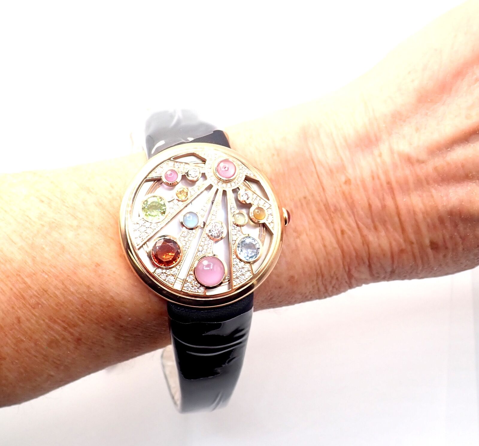 Bulgari Mediterranian Eden 18k Rose Gold Diamond Watch with Mother of Pearl Dial & Color Stones - Luxury Women's Timepiece for Special Occasions & Evening Events