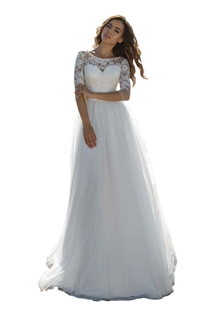 Sparkly Tulle Wedding Dress for Bride - Elegant Long Summer Beach Bridal Gown with Glitter Details | Perfect for Beach Weddings, Outdoor Ceremonies & Boho Bridal Style