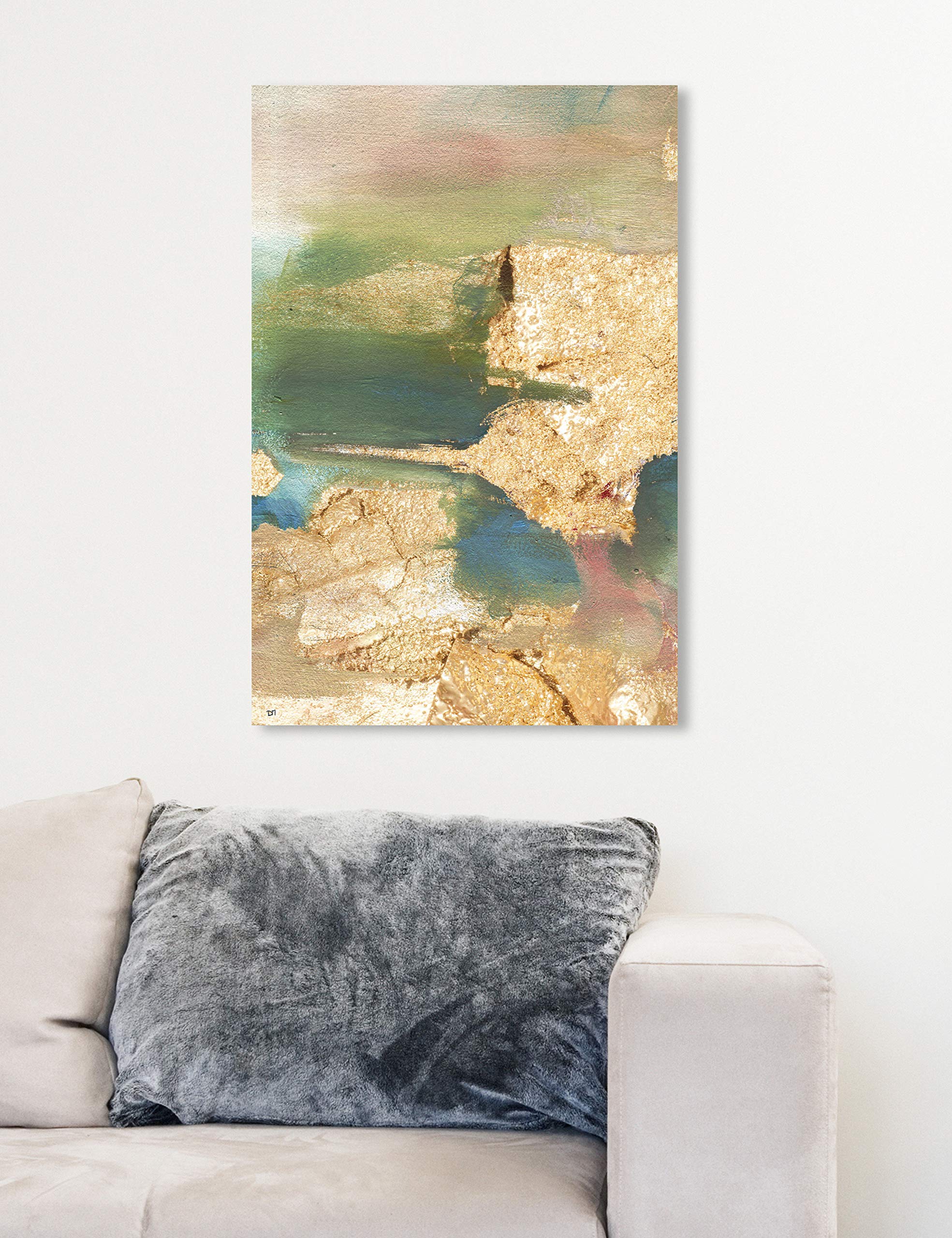 Blue Lagoons Abstract Wall Art Canvas Print - 16x24 Inch Modern Home Decor in Gold & Green | Perfect for Living Room, Bedroom & Office Decor