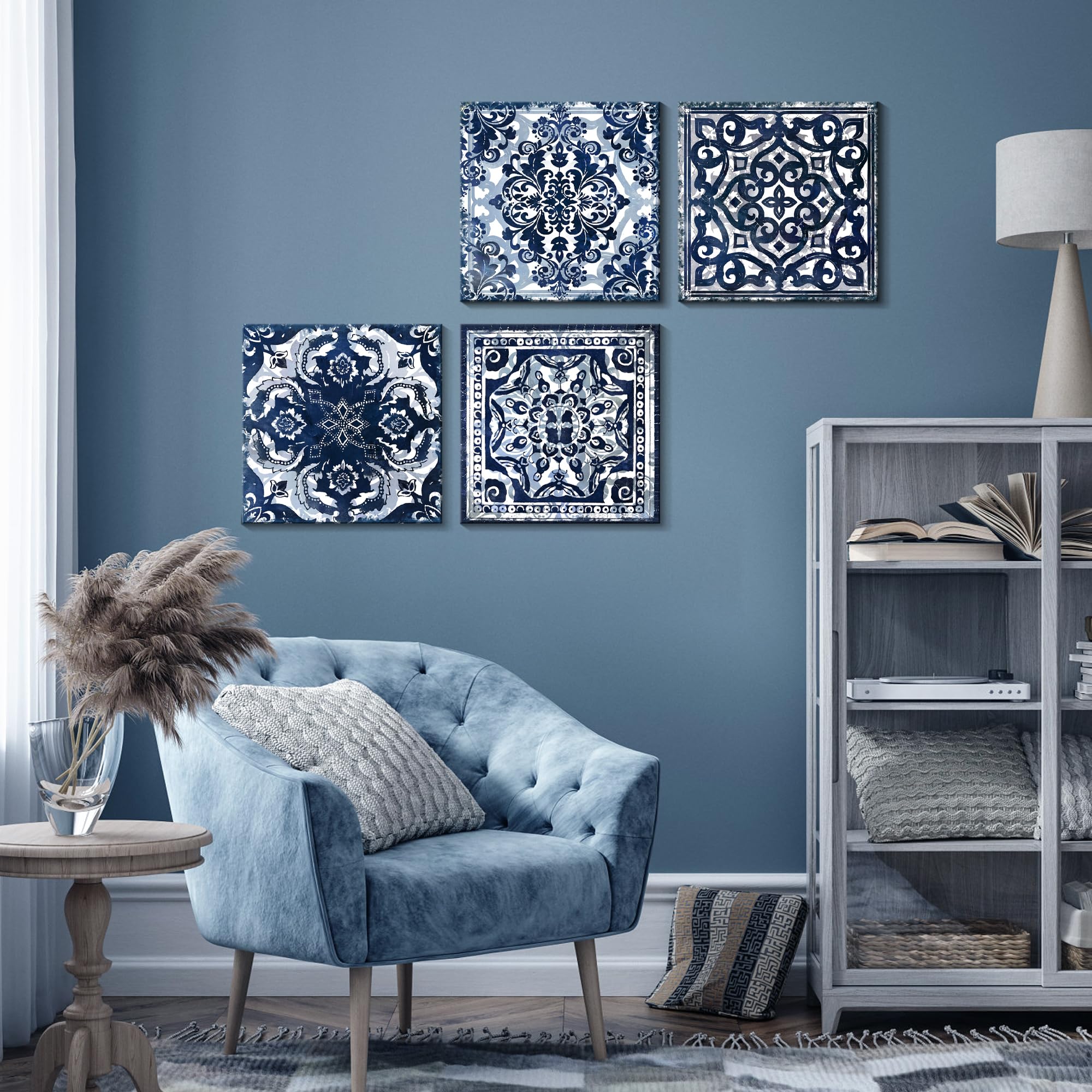 Modern Navy Blue Flower Canvas Wall Art - Set of 4 Framed Abstract Prints (14x14 Inch Each) for Bedroom & Bathroom Decor | Perfect for Home, Office, and Gift Giving