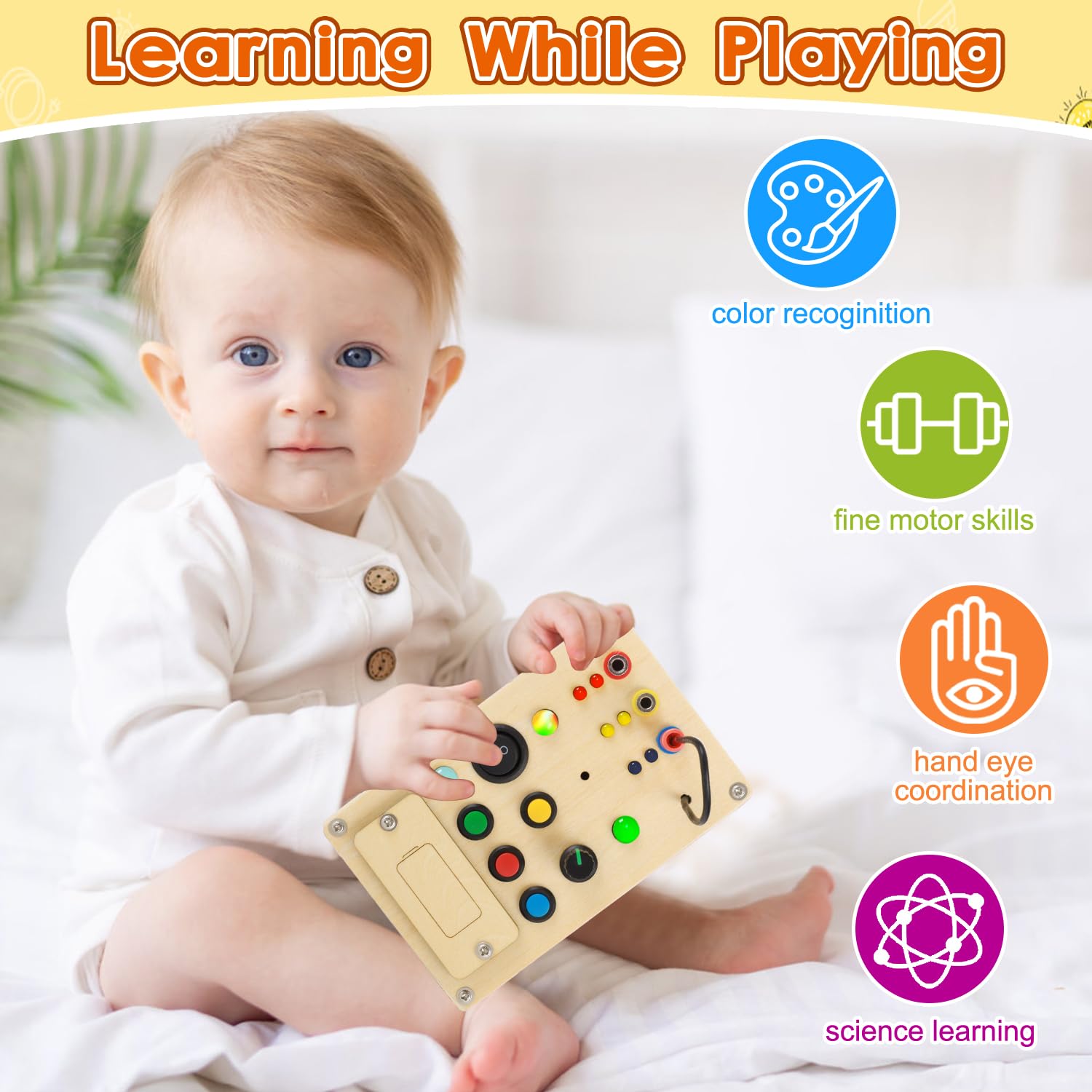 Montessori Busy Board for Toddlers 1-3 - Wooden Sensory Toys with LED Light Switch & Pluggable Wires - Autism Sensory Wall Panel & Fidget Board for Kids - Perfect for Early Learning, Travel, and Home Playtime