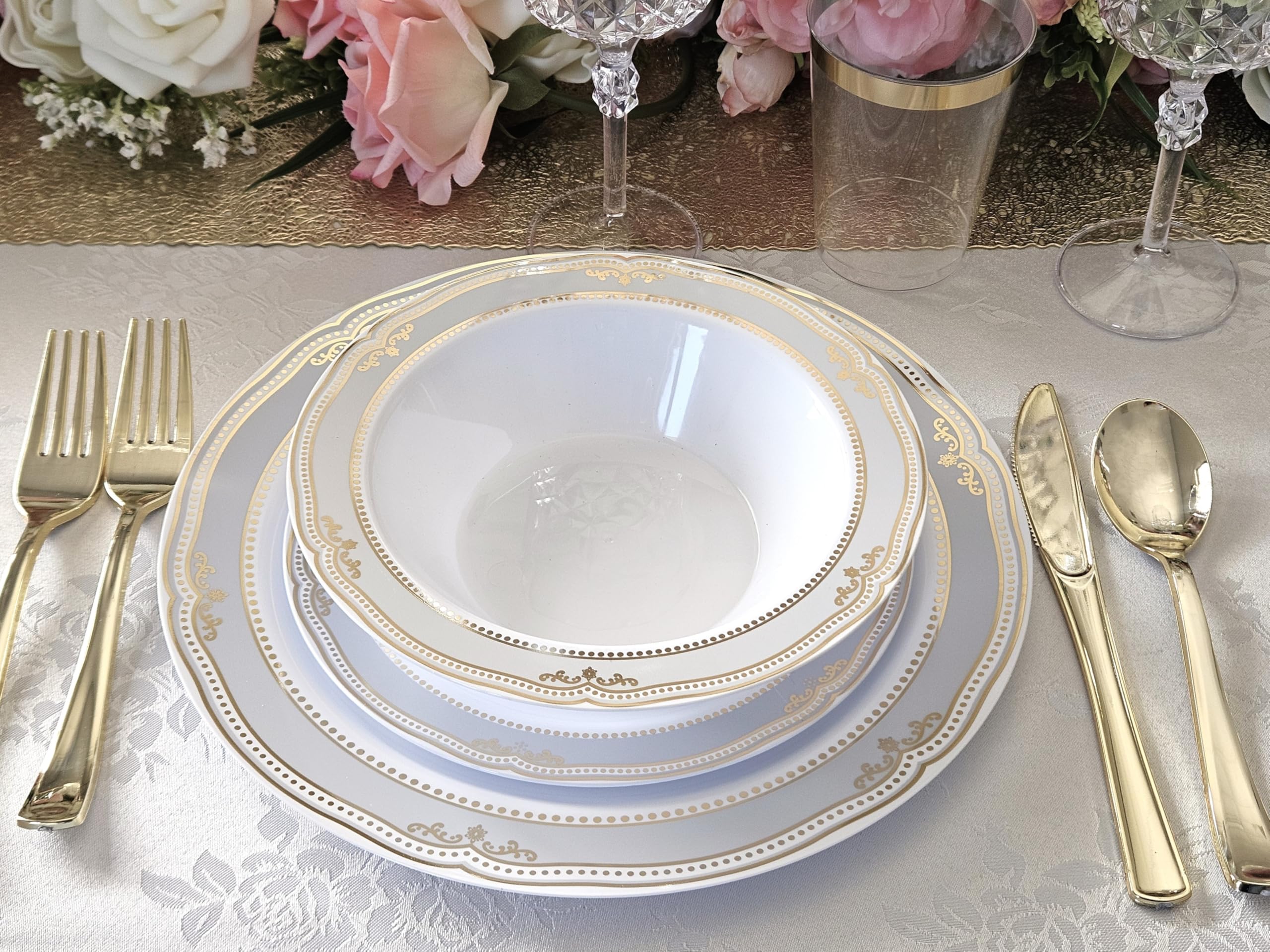 60-Piece Disposable Plastic Plates & Bowls Set - 12oz Scalloped Soup Bowls for Weddings, Parties & Events (White/Blue & Gold) - Perfect for Catering, Picnics & Family Gatherings
