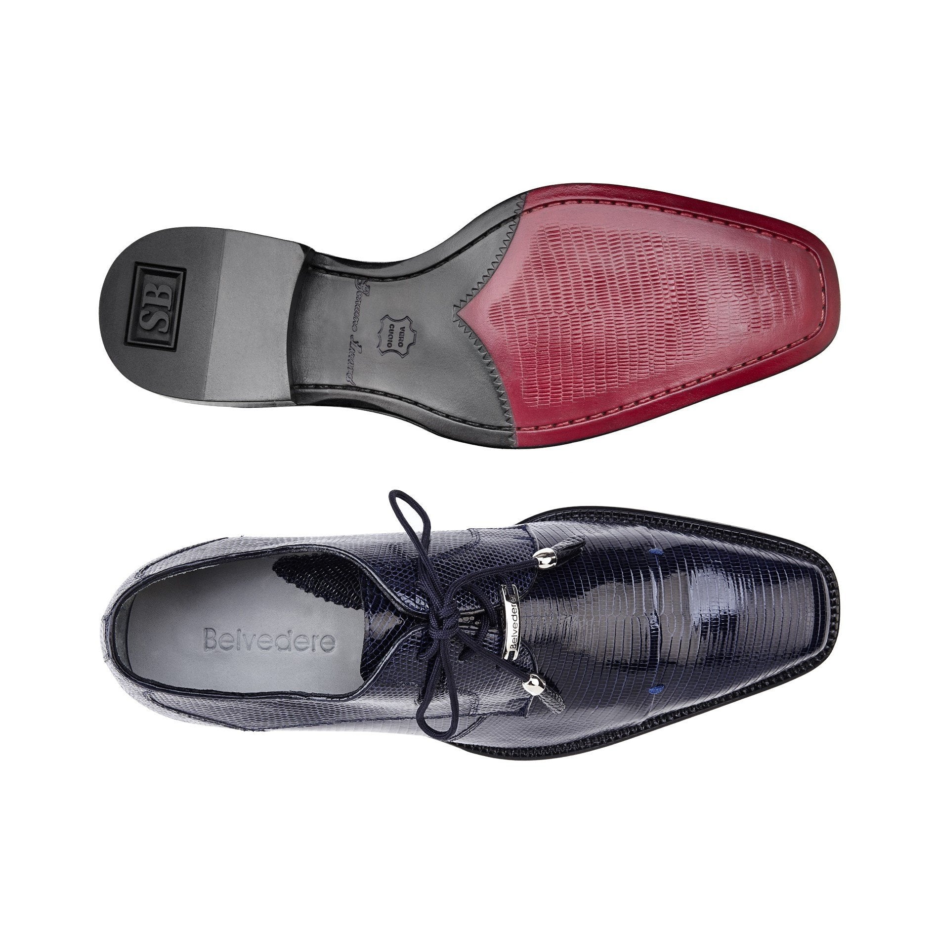 Belvedere Karmelo Genuine Lizard Leather Dress Shoes for Men - Navy Blue Formal Business Shoes - Size 9.5, 12, 14 Available - Perfect for Weddings, Office & Special Occasions