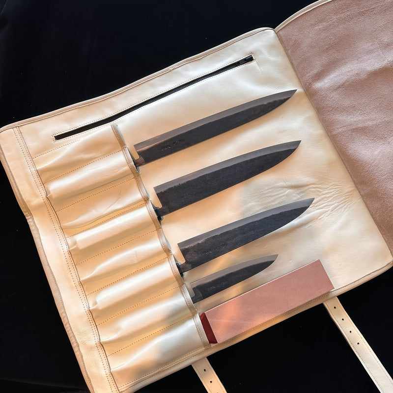 Premium Japanese Knife Roll - Tokushu Knife Leather Knife Holder for Chefs & Culinary Professionals - Perfect for Kitchen, Travel & Storage (White)