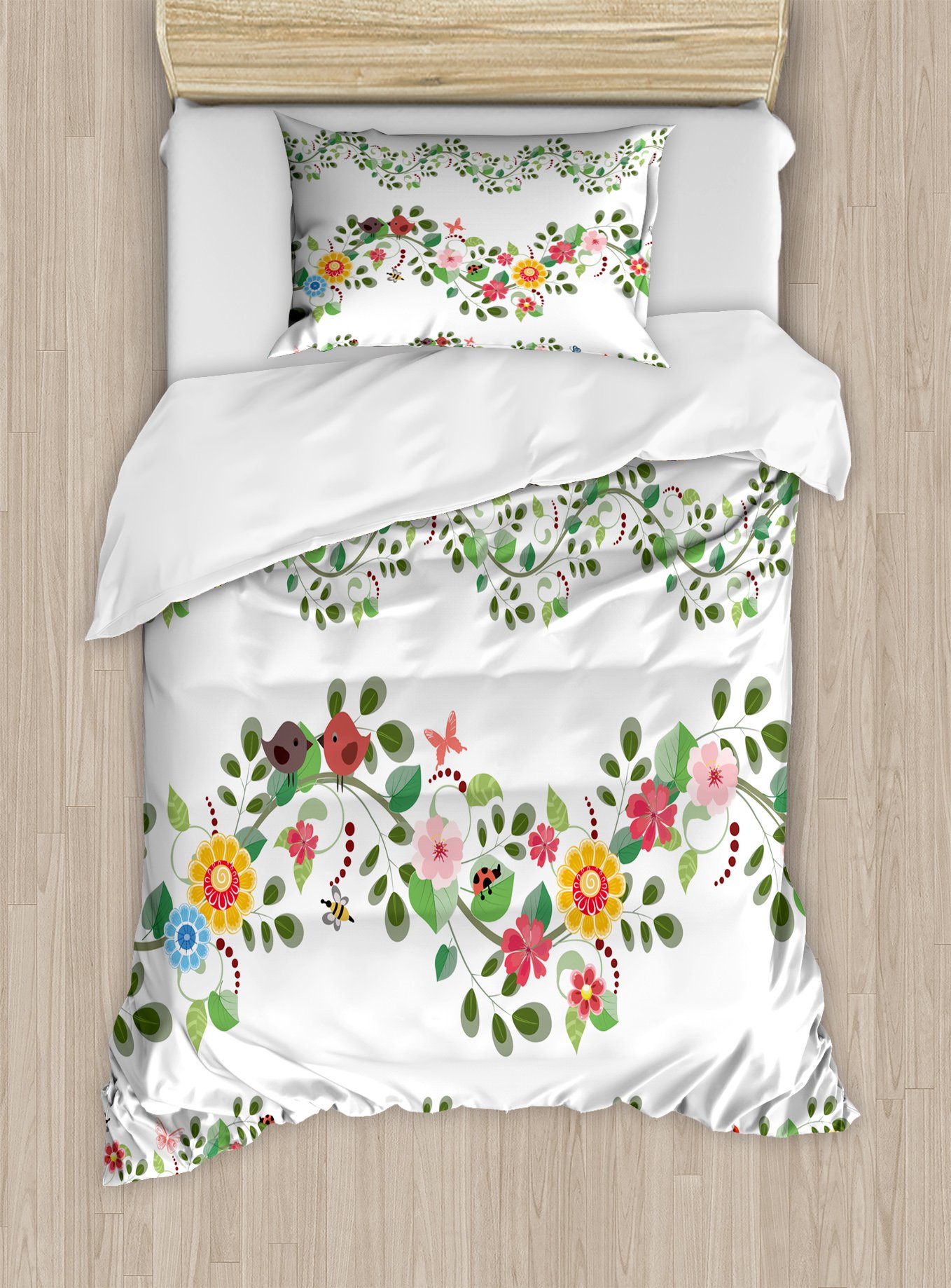 Ambesonne Green Floral Duvet Cover Set - Vintage Abstract Foliage Design, 2-Piece Twin Bedding with Pillow Sham | Perfect for Boho Bedroom Decor & Guest Room Styling