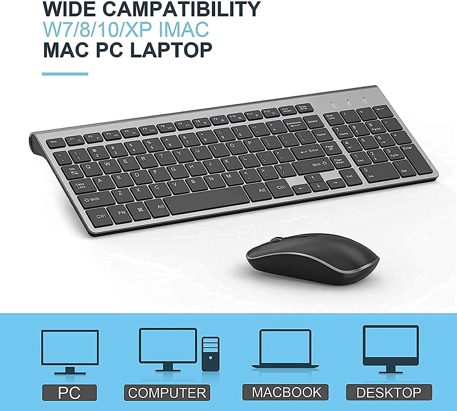 JOYACCESS 2.4G Wireless Keyboard and Mouse Combo - Ergonomic Slim Design for Windows PC, Laptop & Tablet (Black Grey) - Perfect for Office Work, Gaming & Home Computing