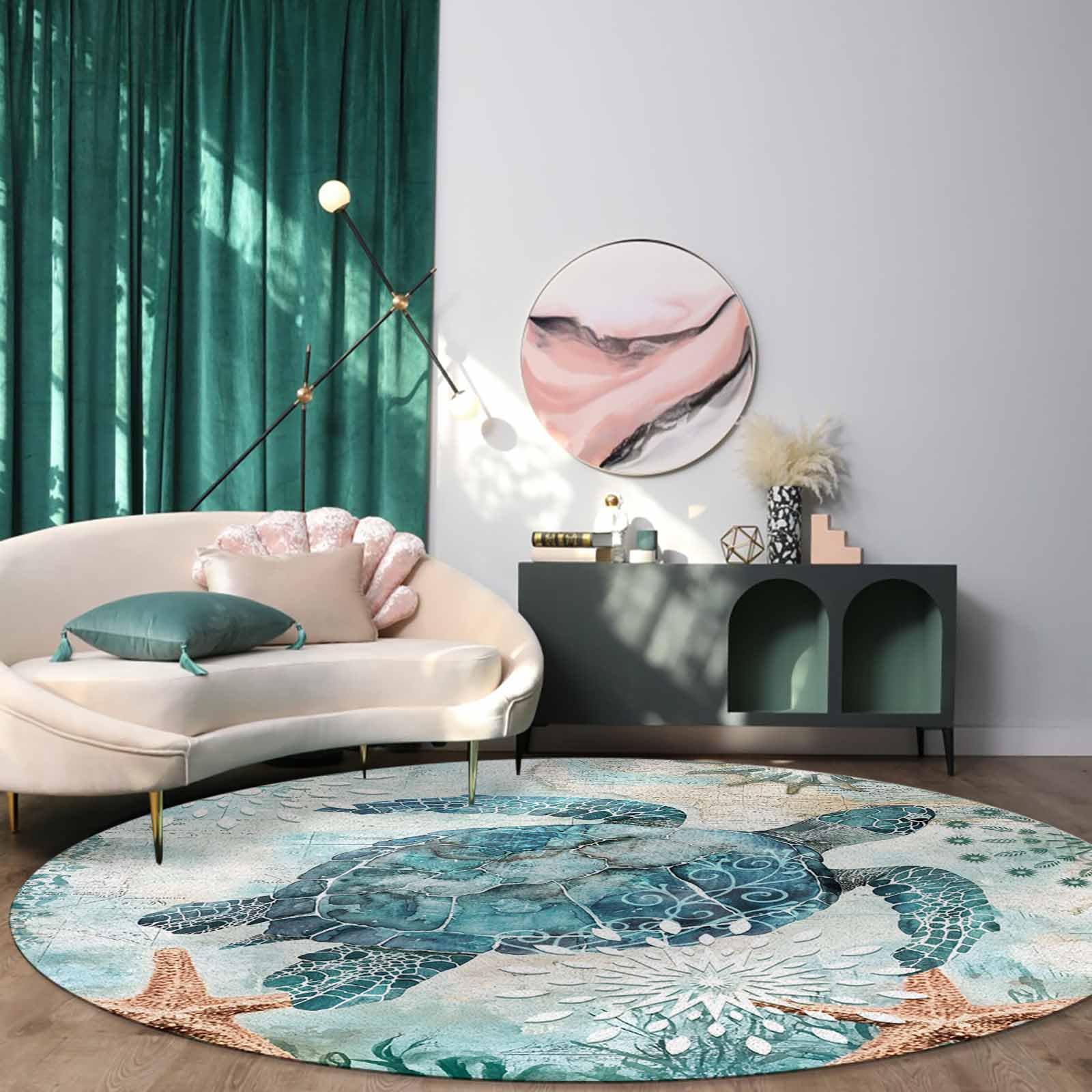 Libaoge 6 ft Round Area Rug - Soft Indoor Carpet with Aloha Sea Turtle & Nautical Map Design for Living Room, Bedroom, Yoga Mat | Non-Slip Home Decor for Beach House, Dorm, Nursery & Meditation Space