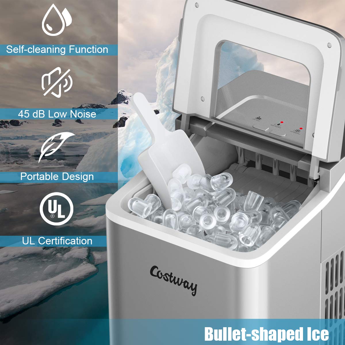 COSTWAY Portable Countertop Ice Maker Machine - 26Lbs/24H Capacity with Self-Cleaning Function, Makes Bullet Ice Cubes in 8 Minutes, Includes Scoop & Removable Basket - Perfect for Home, Office, Parties, Bars, and Outdoor Gatherings (Silver)