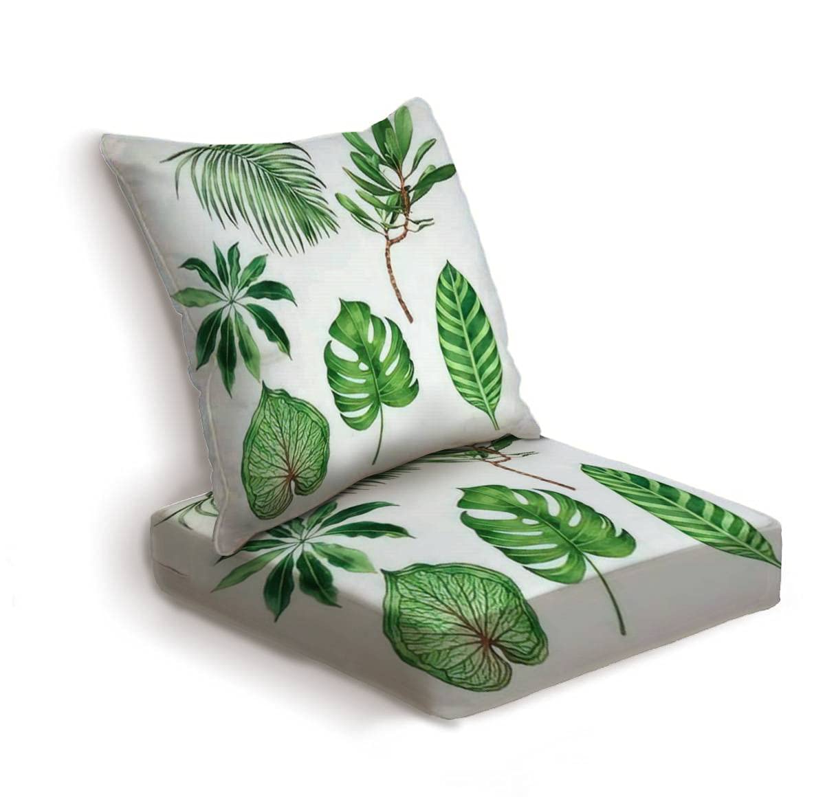 2-Piece Deep Seat Cushion Set with Watercolor Monstera & Coconut Palm Leaf Design - Green Leaves Pattern Indoor/Outdoor Lounge Chair Pillows for Patio, Conversation Area, and Backyard Seating Comfort