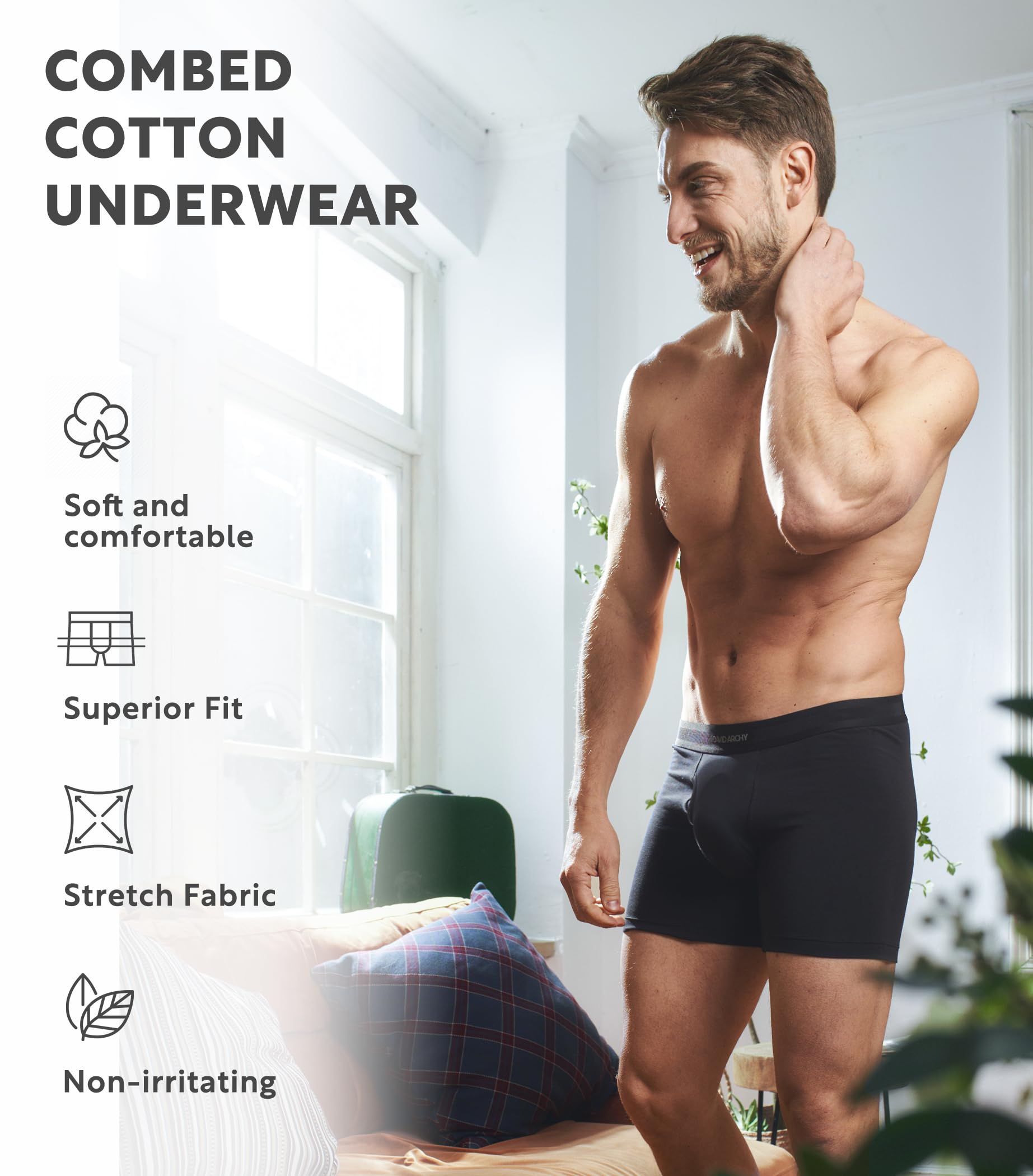 DAVID ARCHY Men's Cotton Boxer Briefs 6-Pack - Soft, Breathable & Comfortable Underwear with Fly Opening for Everyday Wear, Workout & Lounge