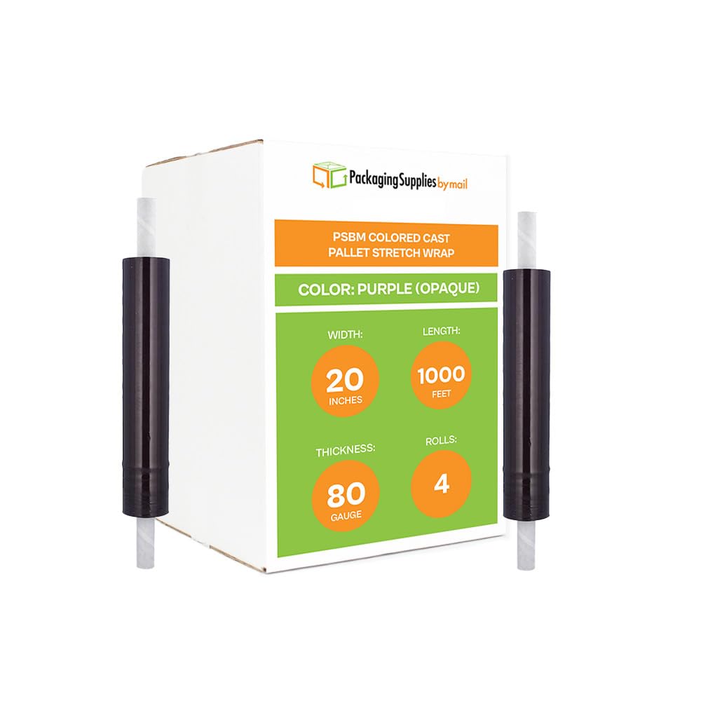 PSBM 4 Pack Purple Stretch Wrap with Handles - 20 Inch x 1000 Feet, Dark Opaque Plastic Cling Film with Extended Core Handles | Ideal for Moving, Shipping, Storage & Warehouse Packaging