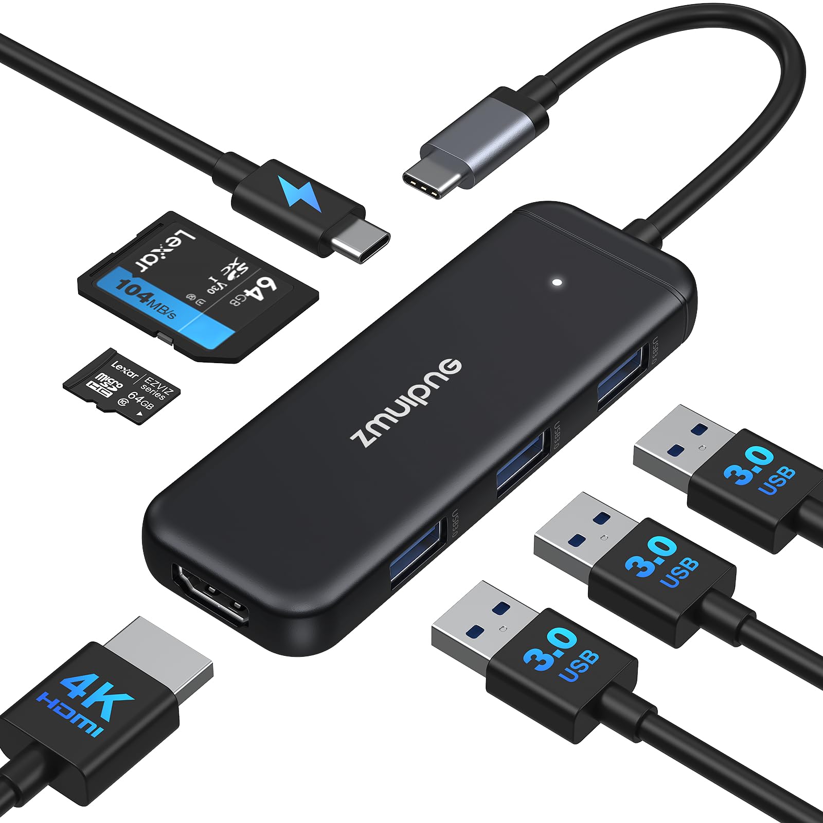 7-in-1 USB C Hub for MacBook - 4K HDMI, 100W PD, 3 USB Ports - Works with Surface & Dell XPS for Office & Travel