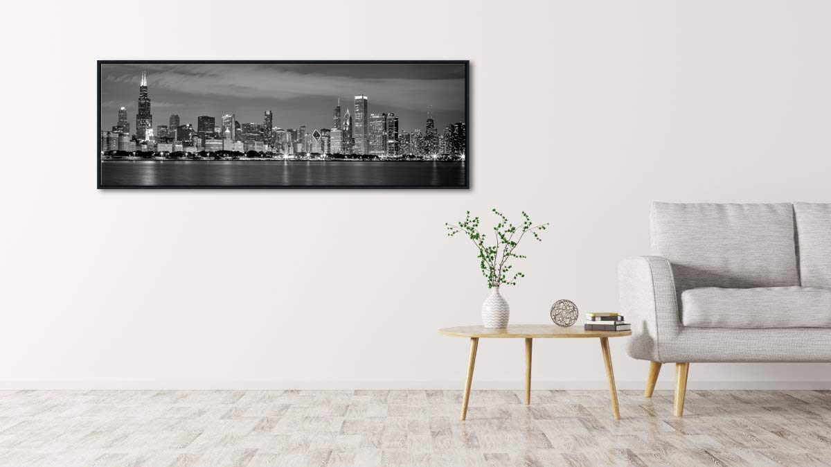 Wieco Art Framed Chicago City Skyline Black & White Canvas Print - Modern Cityscape Wall Decor for Living Room & Bedroom - Perfect for Home, Office & Gift Giving