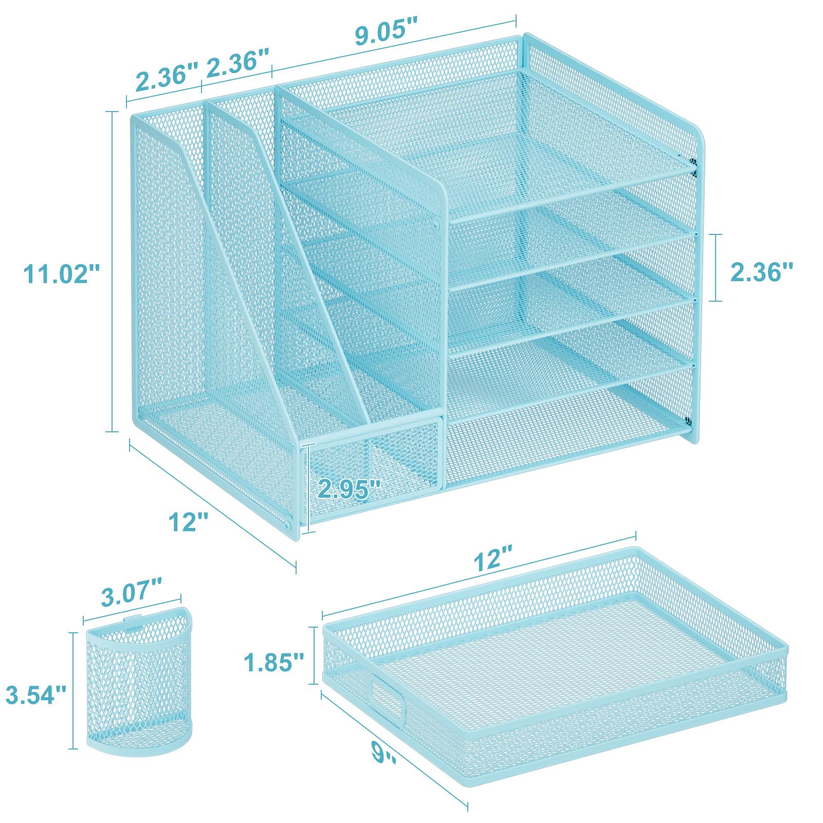 5-Tier Mesh Desk Organizer with File Holder, Drawer & Pen Holders - Office Paper Letter Tray, Magazine Storage for Supplies - Perfect for Home Office, School & Workspace Organization (Blue)
