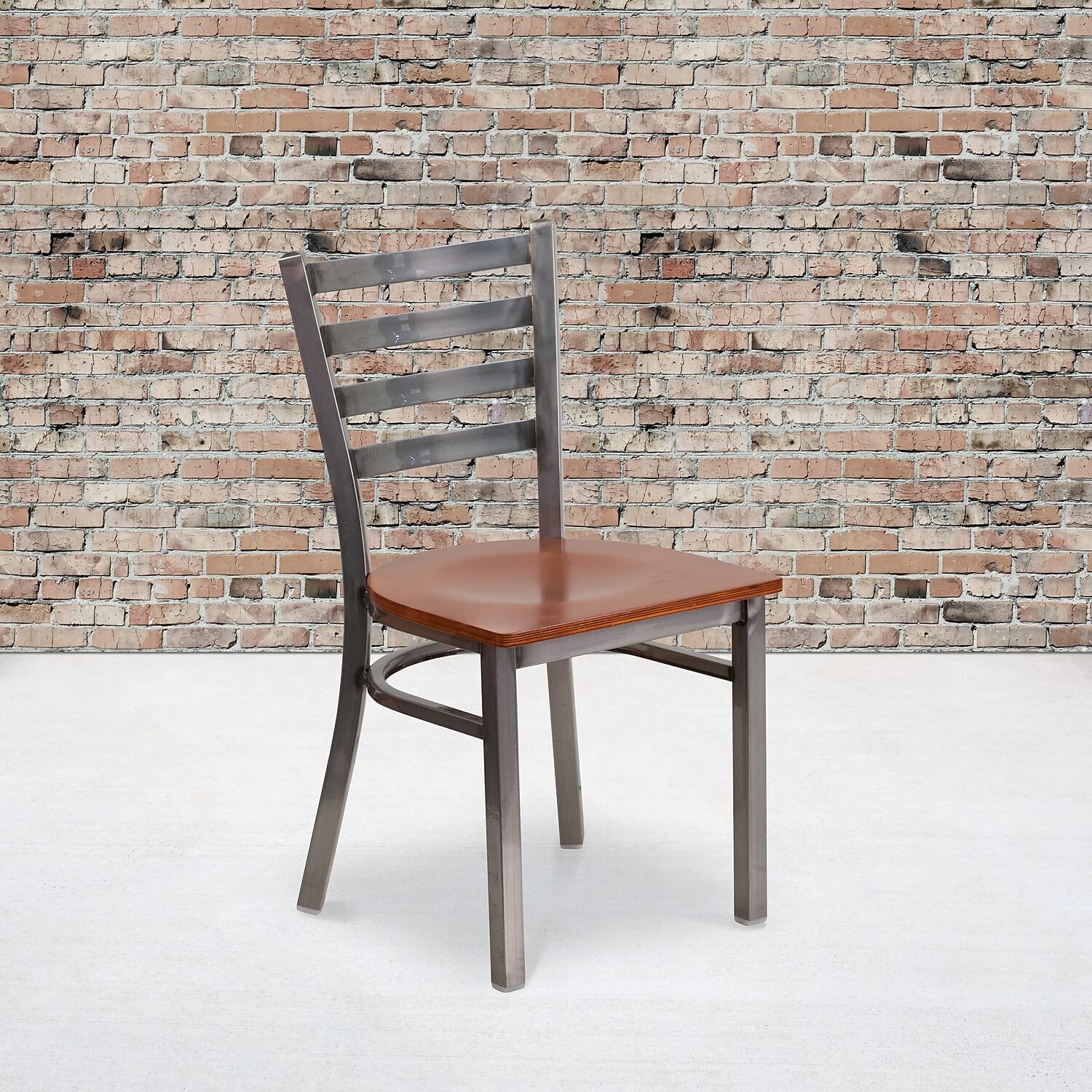 Flash Furniture 2-Pack HERCULES Series Clear Coated Metal Ladder Back Restaurant Chairs with Cherry Wood Seat - Stackable Dining Chairs for Cafes, Bistros & Commercial Use