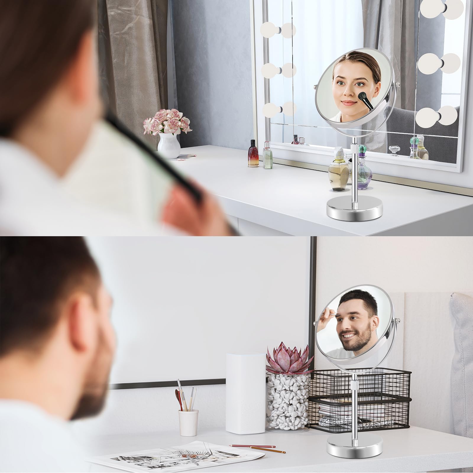 Premium 8 Inch Double-Sided Makeup Mirror with 7X Magnification - Adjustable Height Vanity Mirror for Makeup, Shaving & Skincare - Chrome Finish Tabletop Mirror for Bathroom, Bedroom & Dressing Room