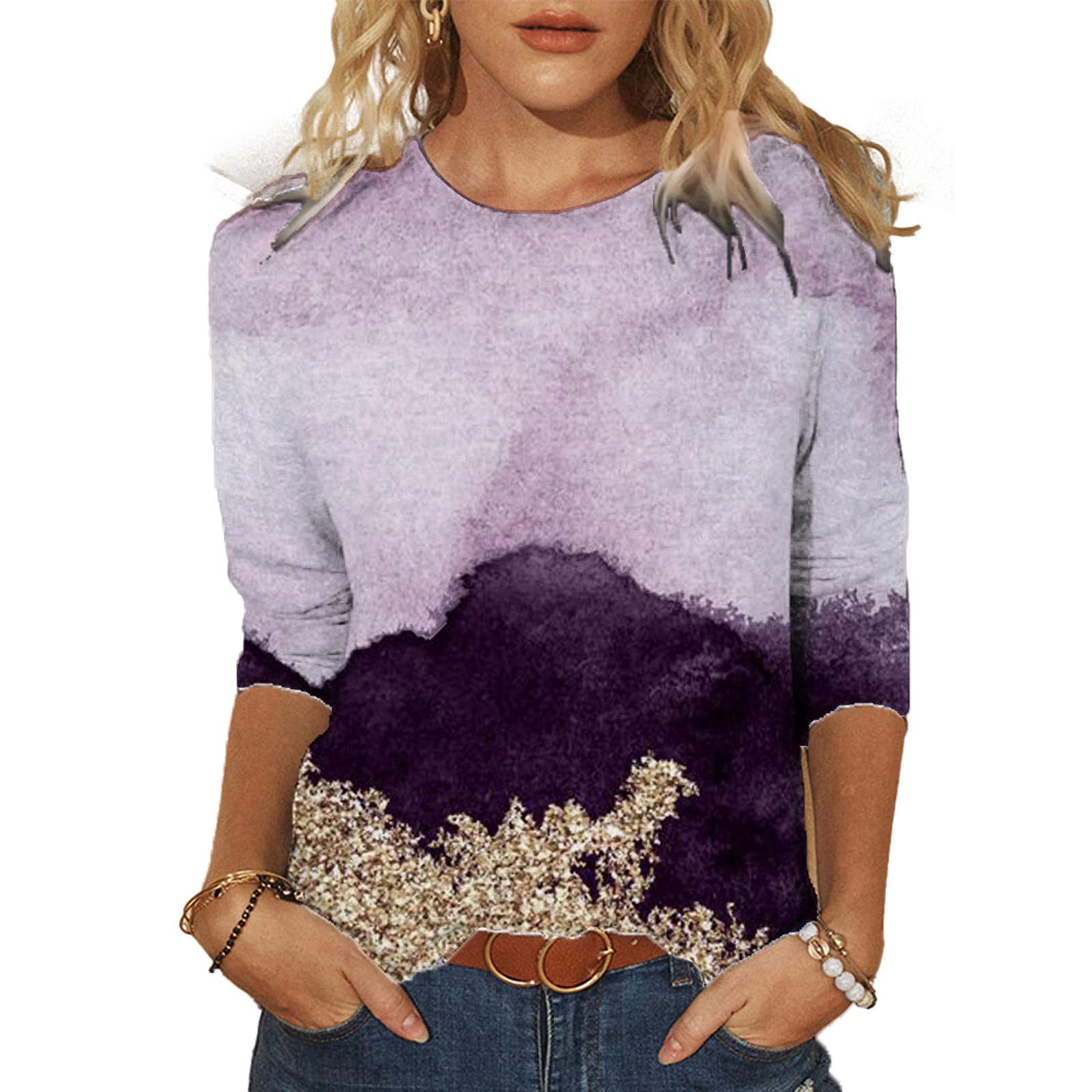 Women's Vintage Tie Dye Graphic Tees - 3/4 Sleeve Soft Cotton Casual T-Shirts for Fall 2022 | Hawaiian Style Comfy Going Out Tops for Beach, Music Festivals & Everyday Wear