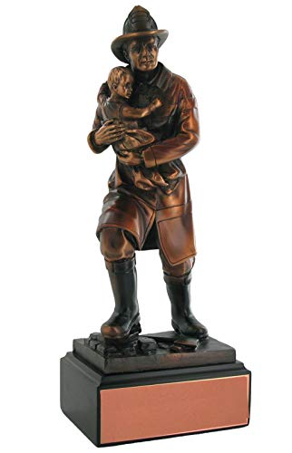 Customizable 11.5 Inch Electroplated Bronze Firefighter Carrying Child Trophy - Personalized Awards & Gifts for First Responders, Fire Department Recognition, Retirement & Appreciation Ceremonies