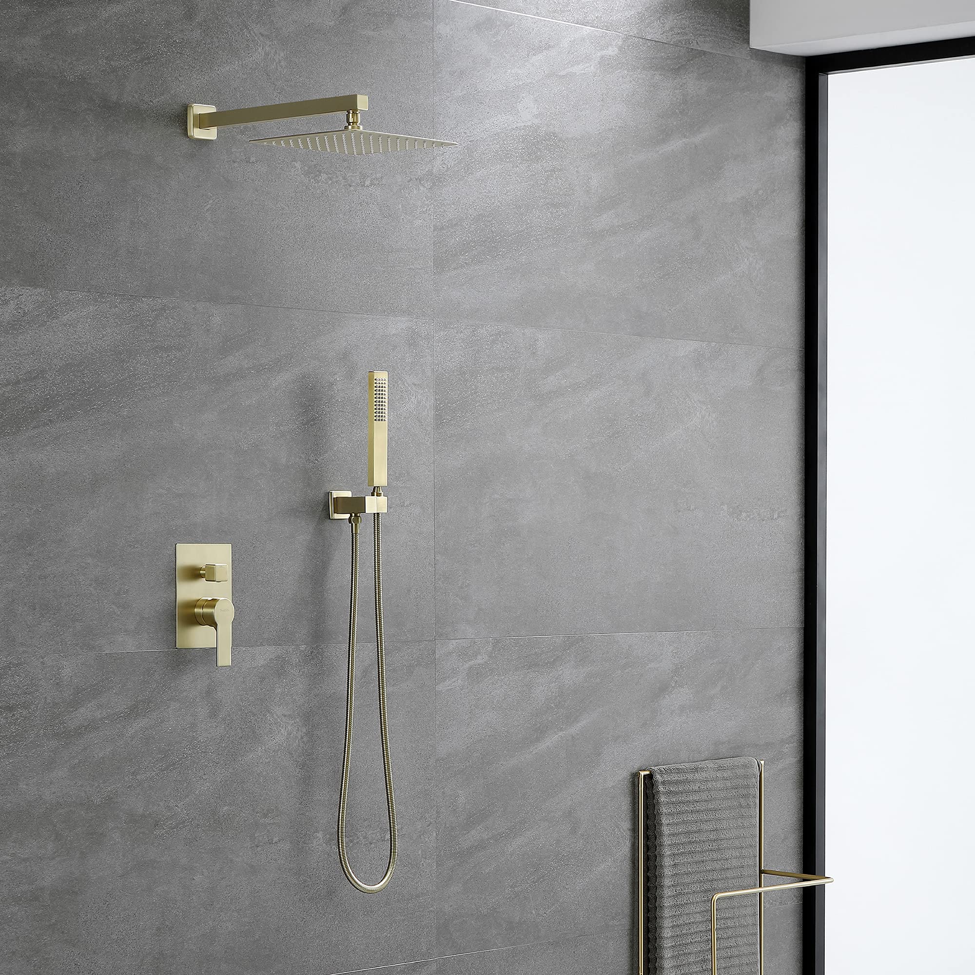 SHAMANDA 10-Inch Rain Shower Head with Handheld Sprayer - Pressure Balancing Shower System Combo Set in Brushed Gold - Wall Mount Bathroom Faucet with Rough-In Valve (Model L701-3) - Perfect for Luxurious Spa-Like Showers and Modern Bathroom Upgrades