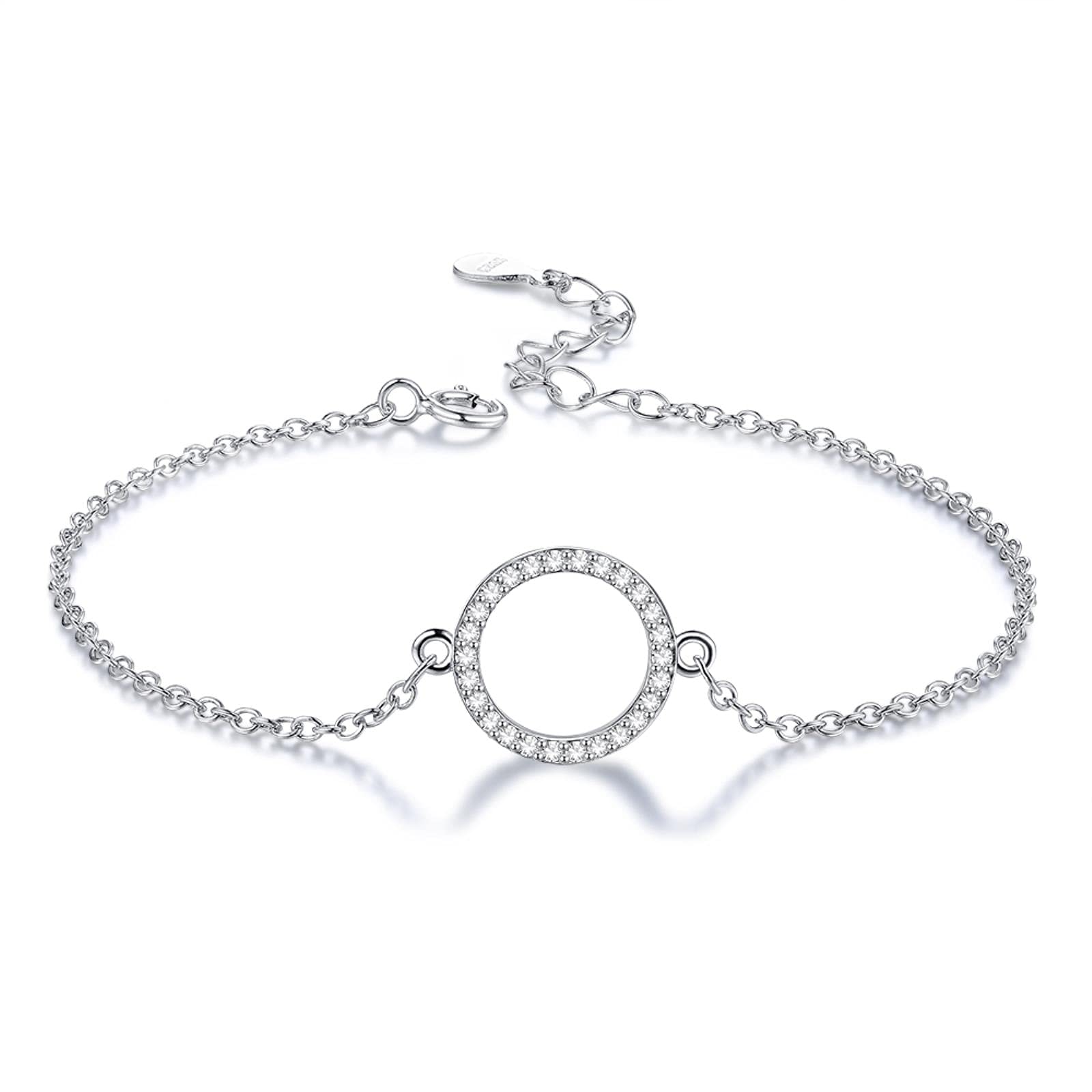 925 Sterling Silver Bracelet for Women | Shiny Cubic Zirconia Circle Charm Chain Link Jewelry | Perfect for Parties, Weddings & Everyday Wear