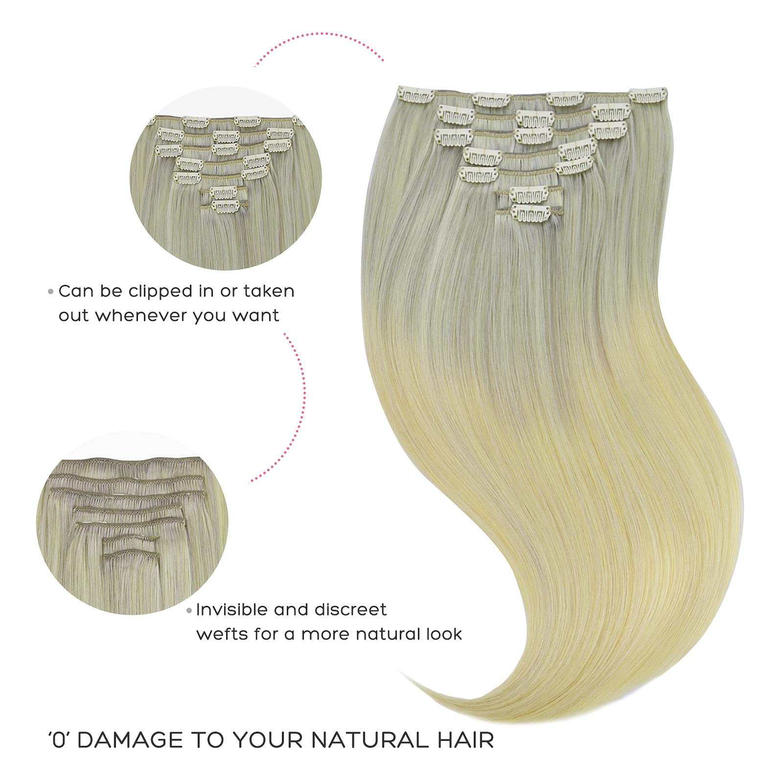 Marat Clip in Human Hair Extensions 16 Inch 120g - Ash Blonde, Golden Blonde & Platinum Blonde Straight Hair Extensions for Women | Perfect for Daily Wear, Parties & Special Occasions