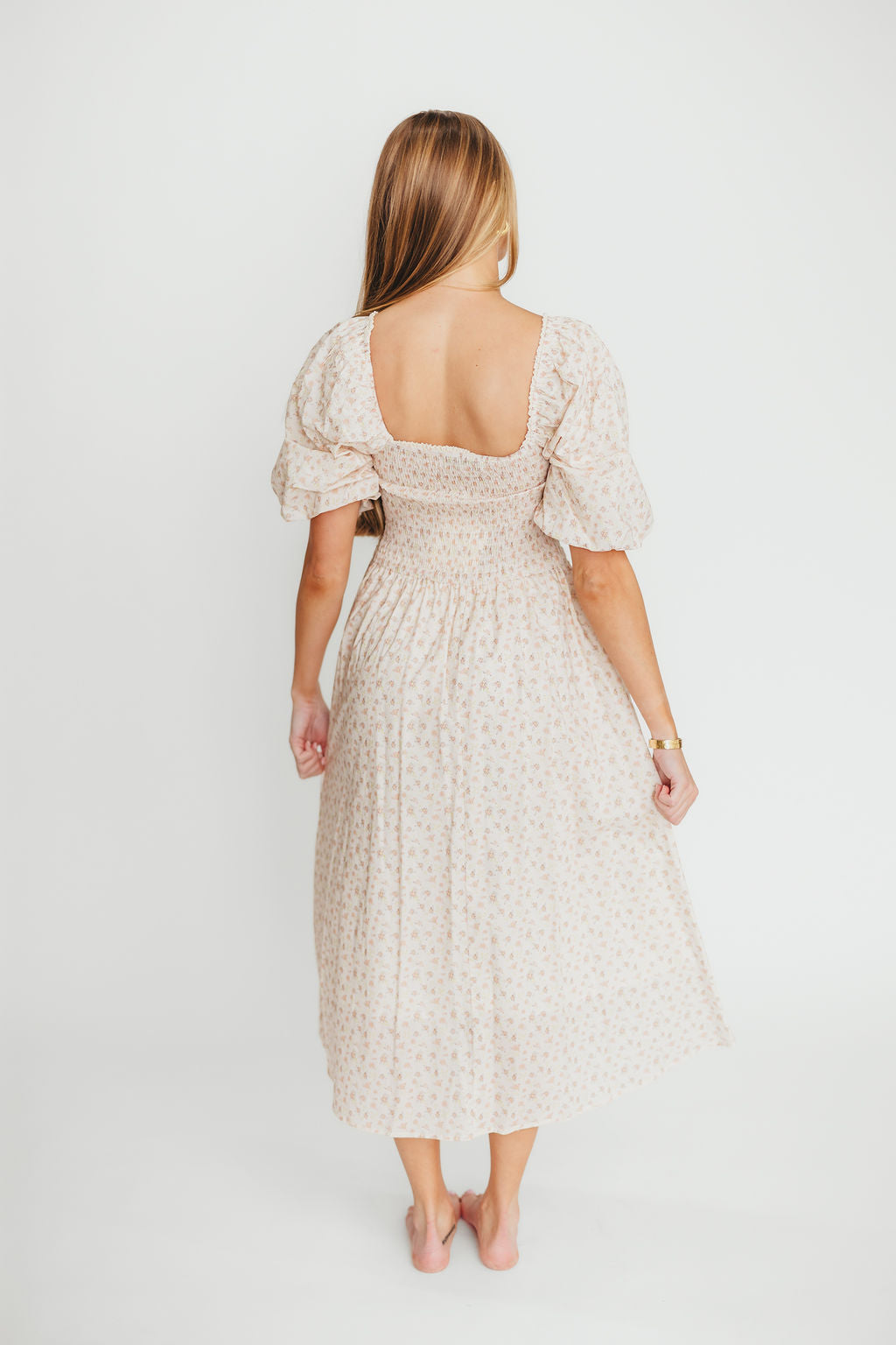 Maeve Women's 100% Cotton Puff Sleeve Midi Dress - Dainty Pink Floral Print | Casual Summer Dress for Beach, Garden Parties & Date Nights