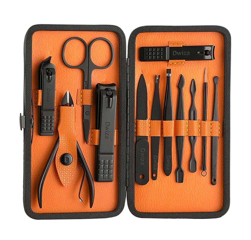 Dwiza Enterprise 12-in-1 Stainless Steel Manicure & Pedicure Kit - Professional Nail Clippers, Scissors, Acne Needle, Blackhead Remover, Cuticle Knife with Leather Travel Case - Perfect for Home, Salon & Travel Grooming