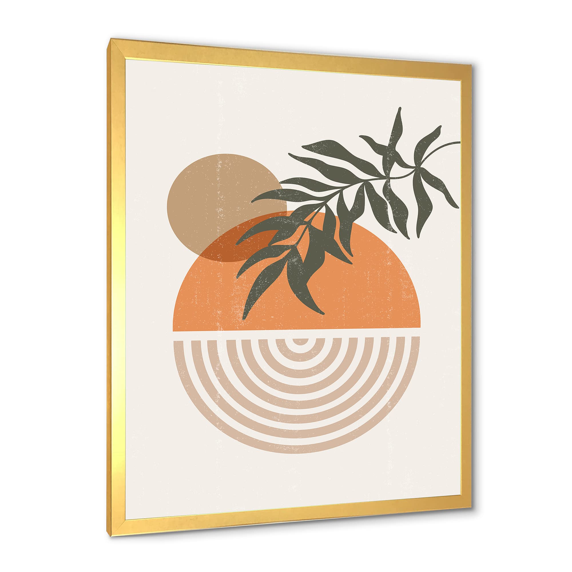 Abstract Geometric Sun and Moon Wall Art with Leaf Design - Modern Framed Canvas Painting for Living Room, Bedroom & Office Decor
