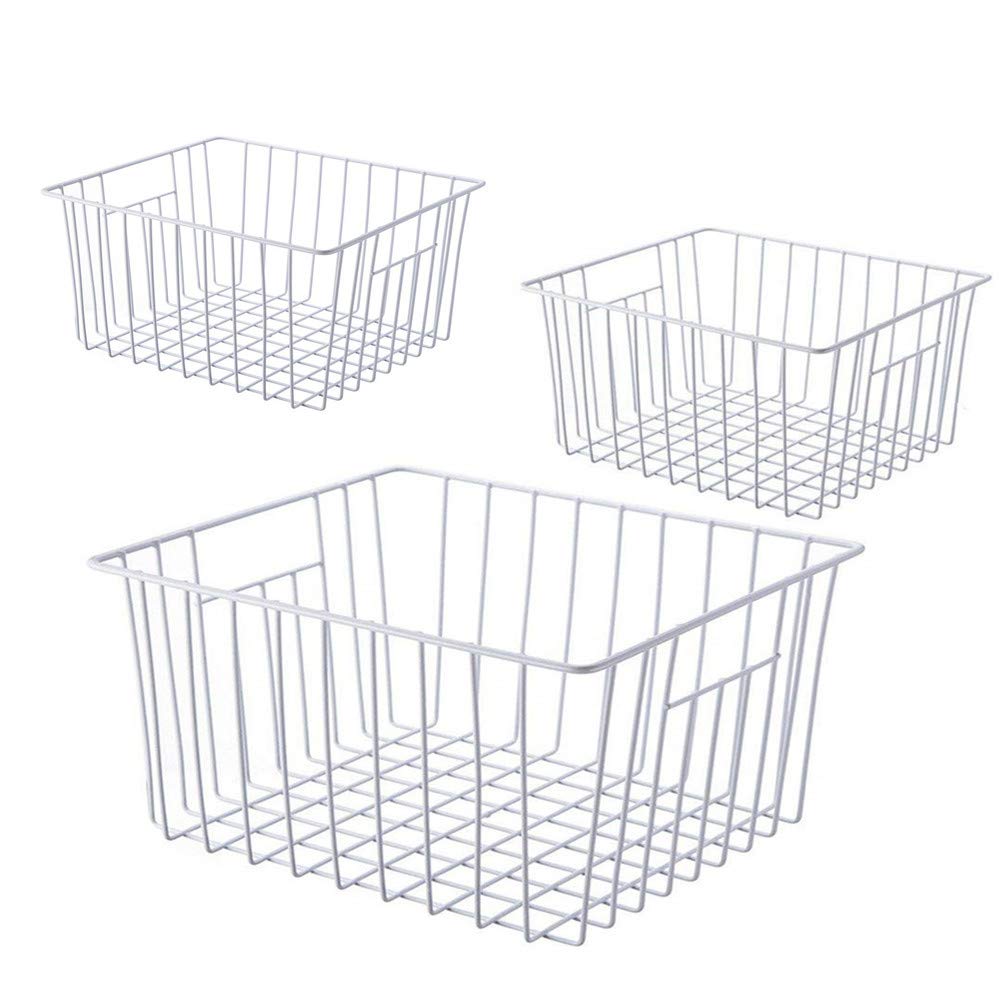 16 Inch Freezer Storage Organizer Baskets - Stackable Wire Refrigerator Bins with Built-in Handles for Cabinet, Pantry, Closet & Bedroom Organization - Perfect for Food Storage, Kitchen Organization & Home Decluttering